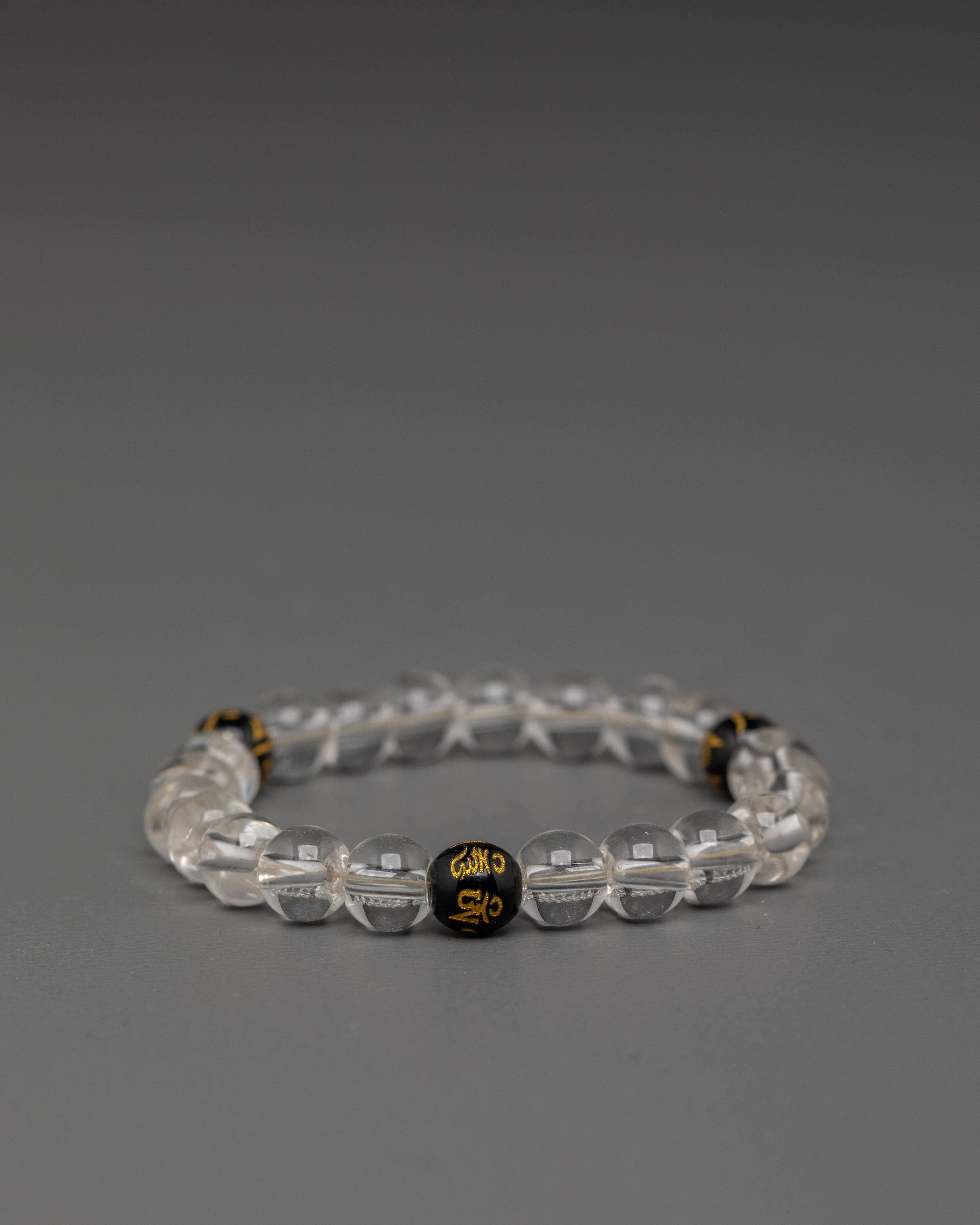 Clear Bead Bracelet Handmade | 8mm Artificial Beads with Black and Gold Accents