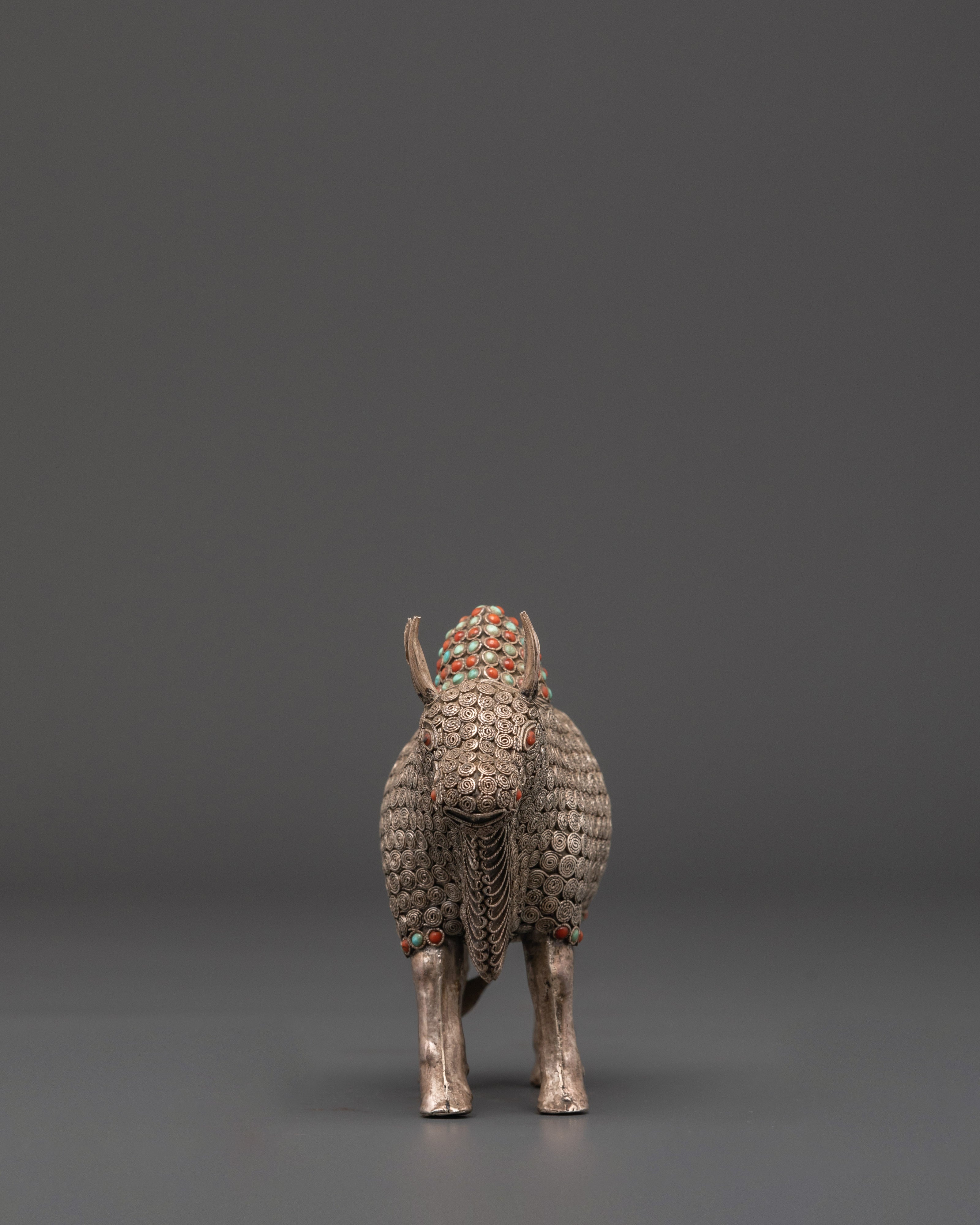 Handcrafted Bull Figurine | Silver-Plated Bull Sculpture with Coral and Turquoise Inlays
