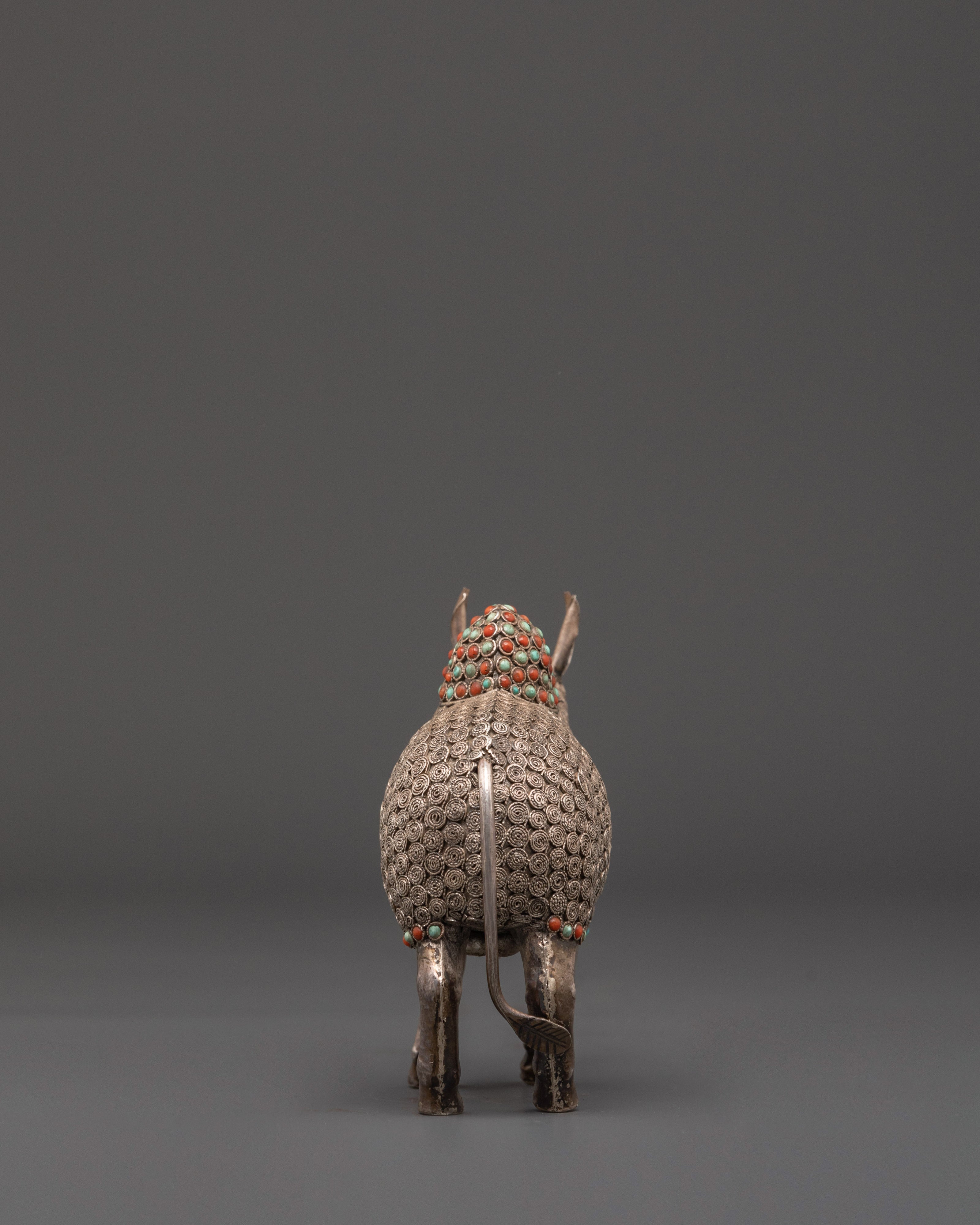 Handcrafted Bull Figurine | Silver-Plated Bull Sculpture with Coral and Turquoise Inlays