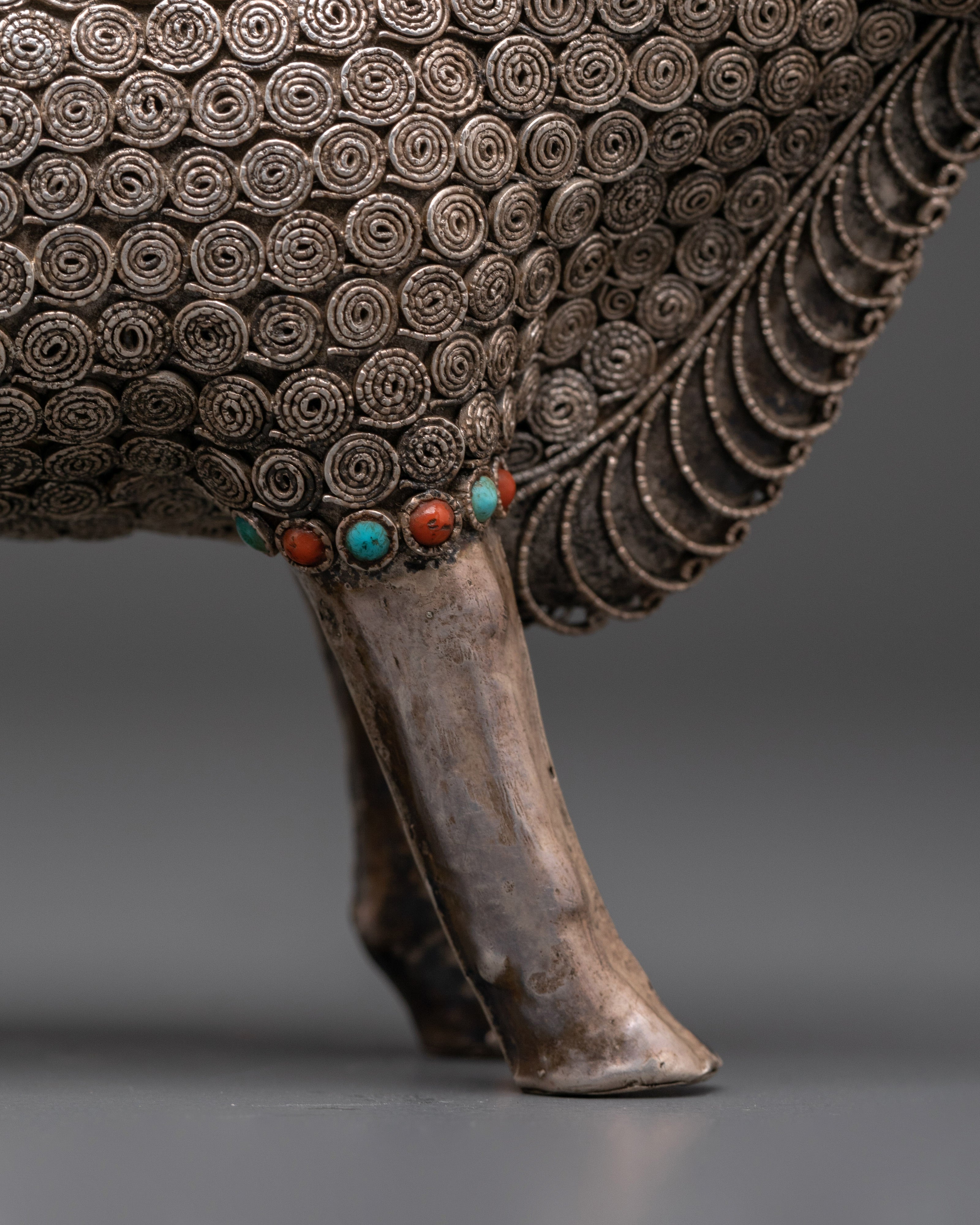 Handcrafted Bull Figurine | Silver-Plated Bull Sculpture with Coral and Turquoise Inlays