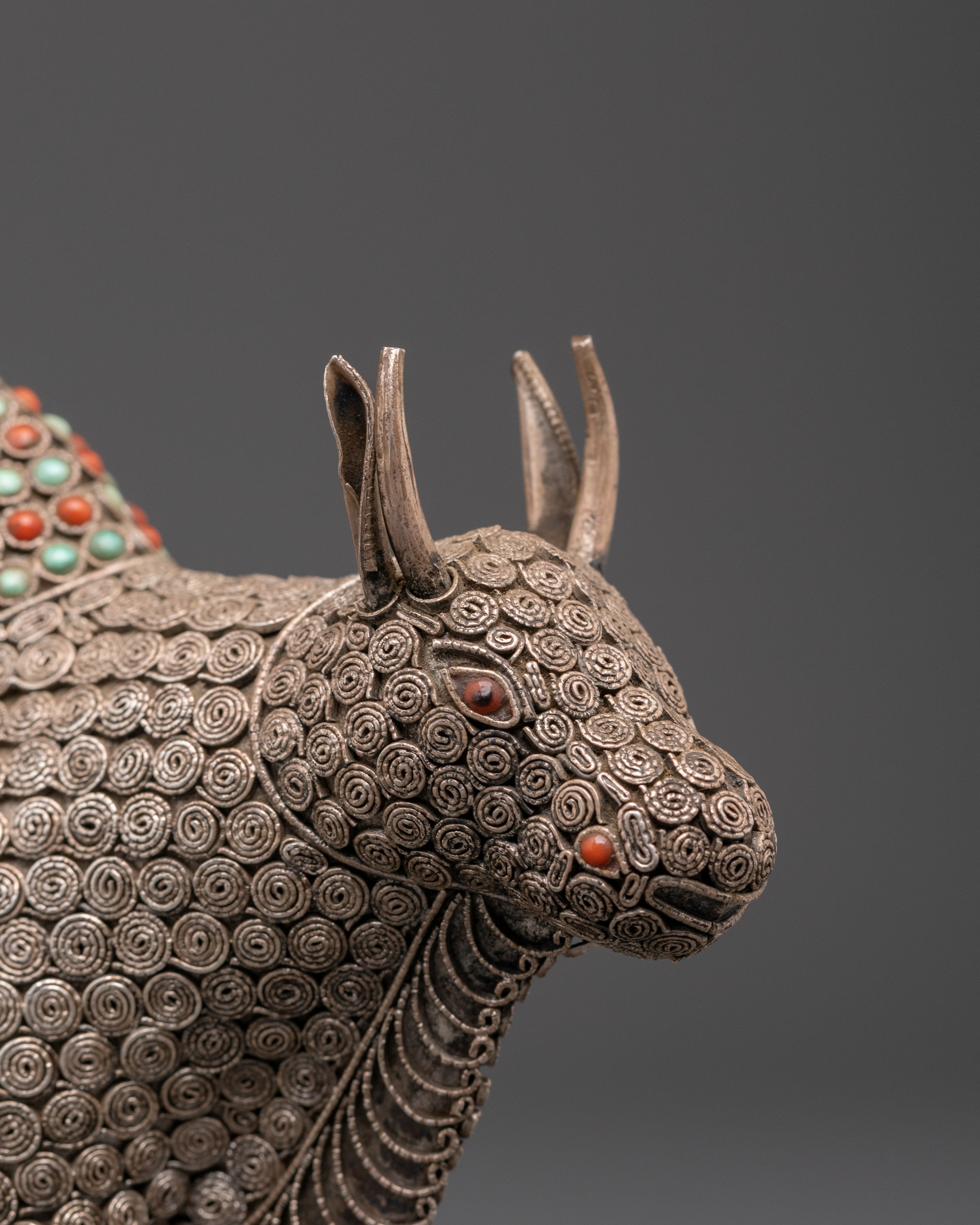 Handcrafted Bull Figurine | Silver-Plated Bull Sculpture with Coral and Turquoise Inlays