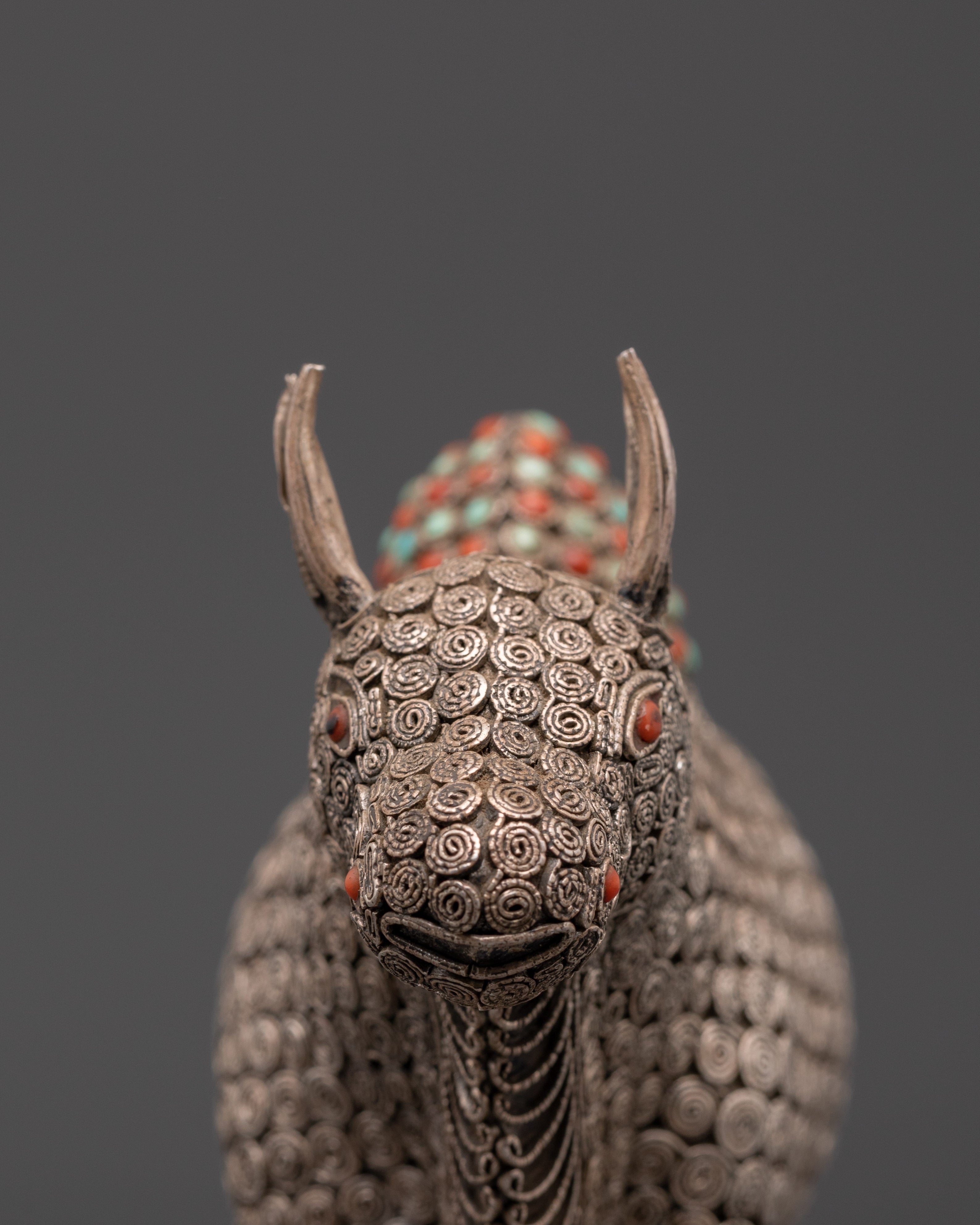 Handcrafted Bull Figurine | Silver-Plated Bull Sculpture with Coral and Turquoise Inlays