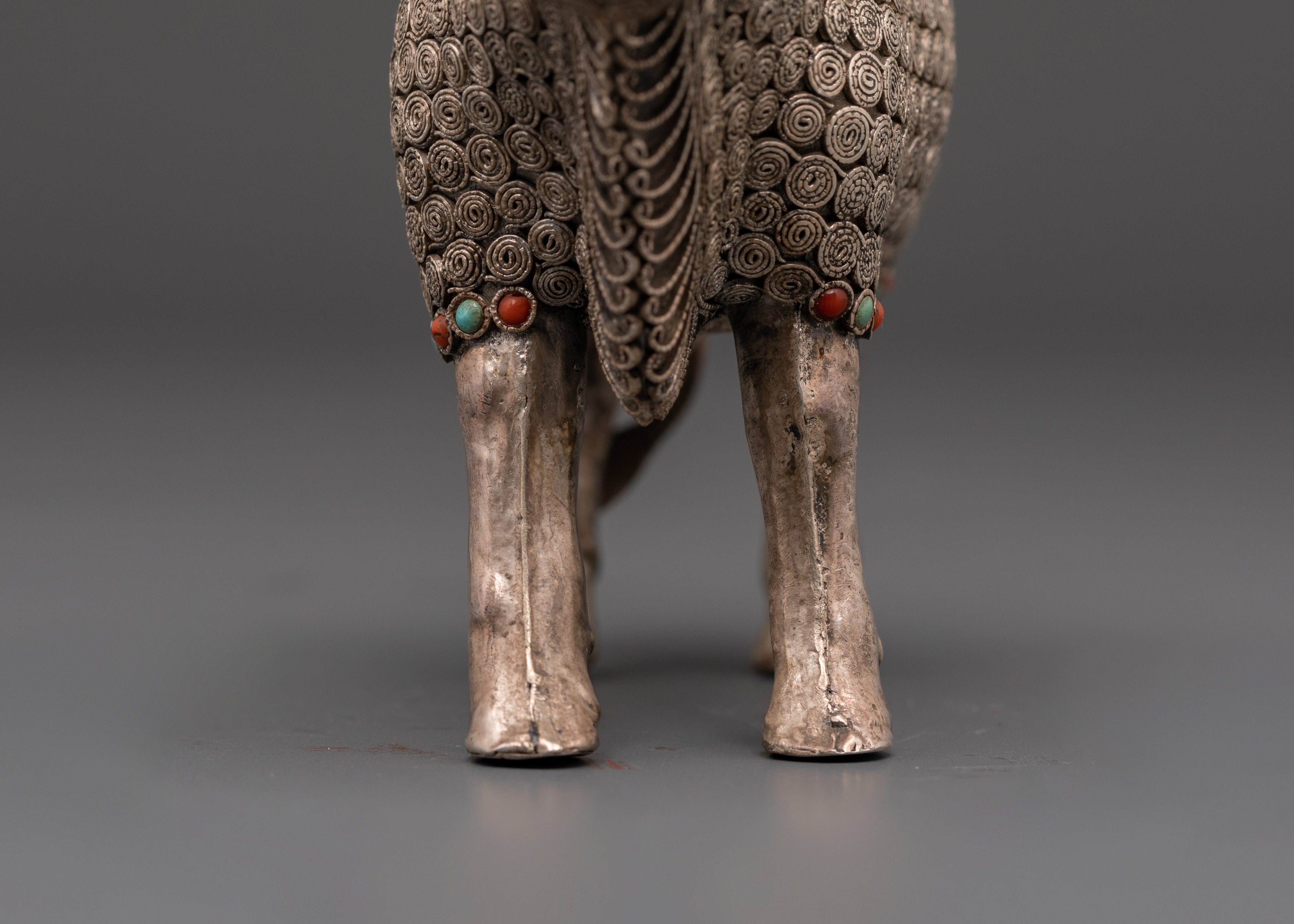 Handcrafted Bull Figurine | Silver-Plated Bull Sculpture with Coral and Turquoise Inlays