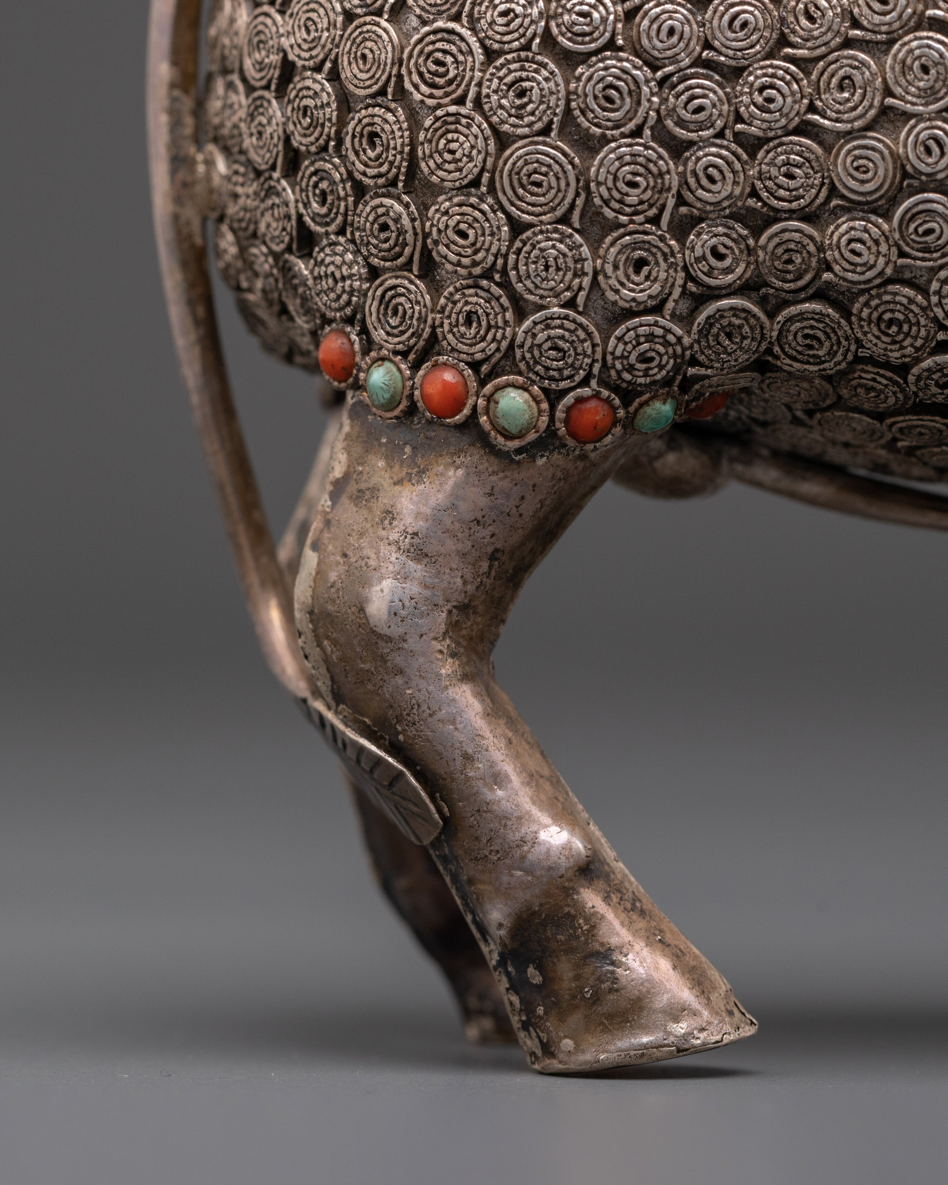 Handcrafted Bull Figurine | Silver-Plated Bull Sculpture with Coral and Turquoise Inlays