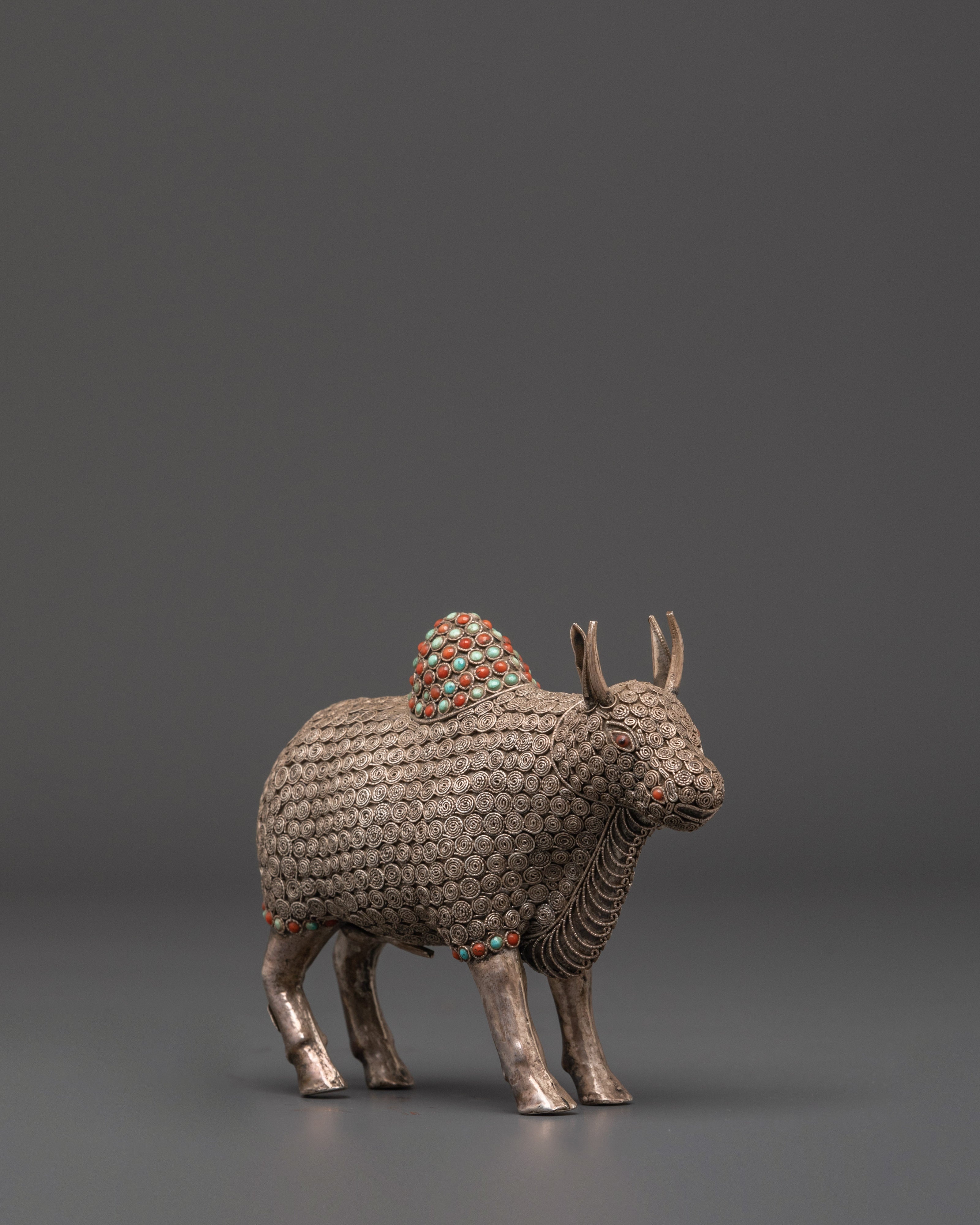 Handcrafted Bull Figurine | Silver-Plated Bull Sculpture with Coral and Turquoise Inlays