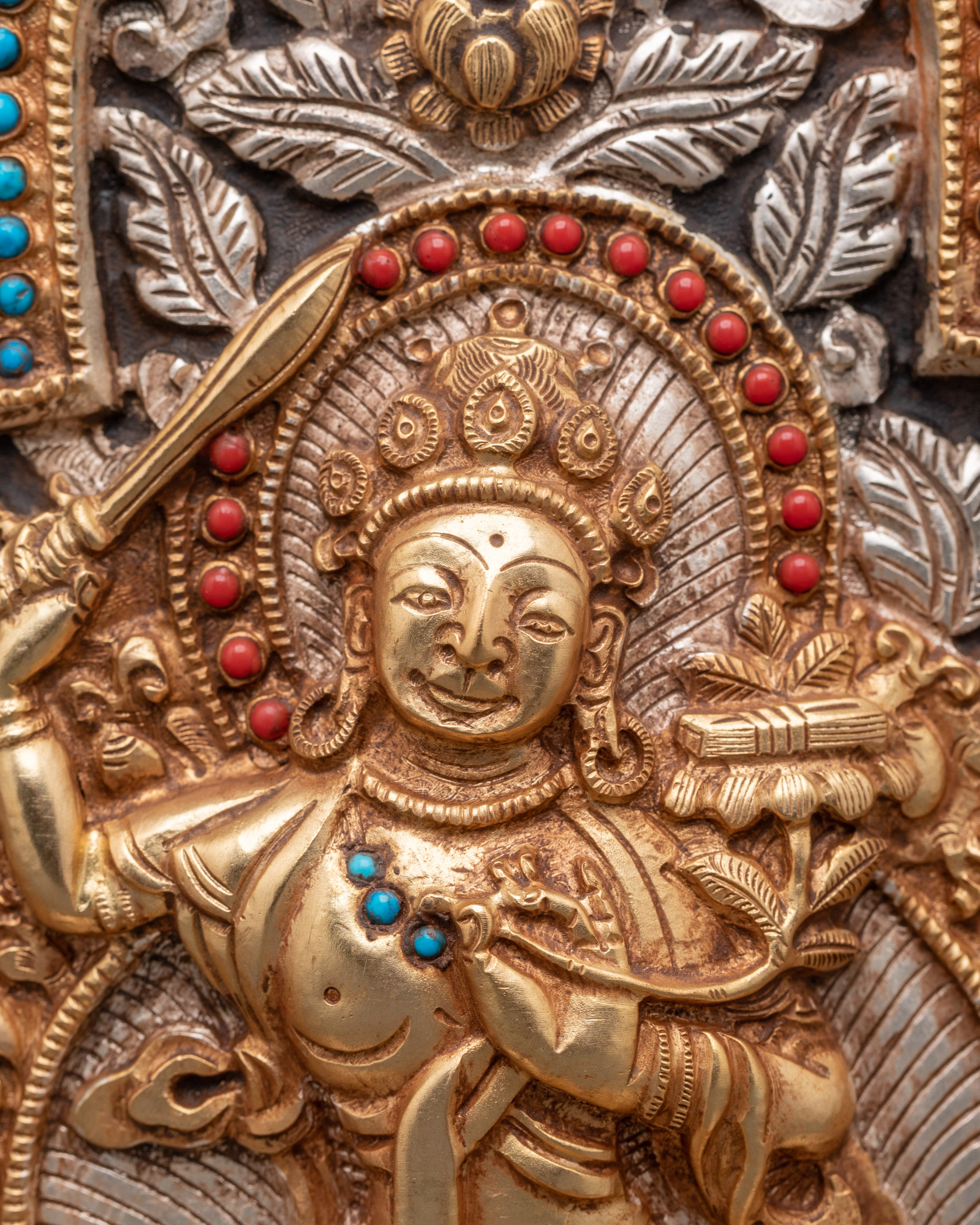 Handmade Tibetan Ghau Box with Manjushri | Copper & Gold Plated Tibetan Altar Box