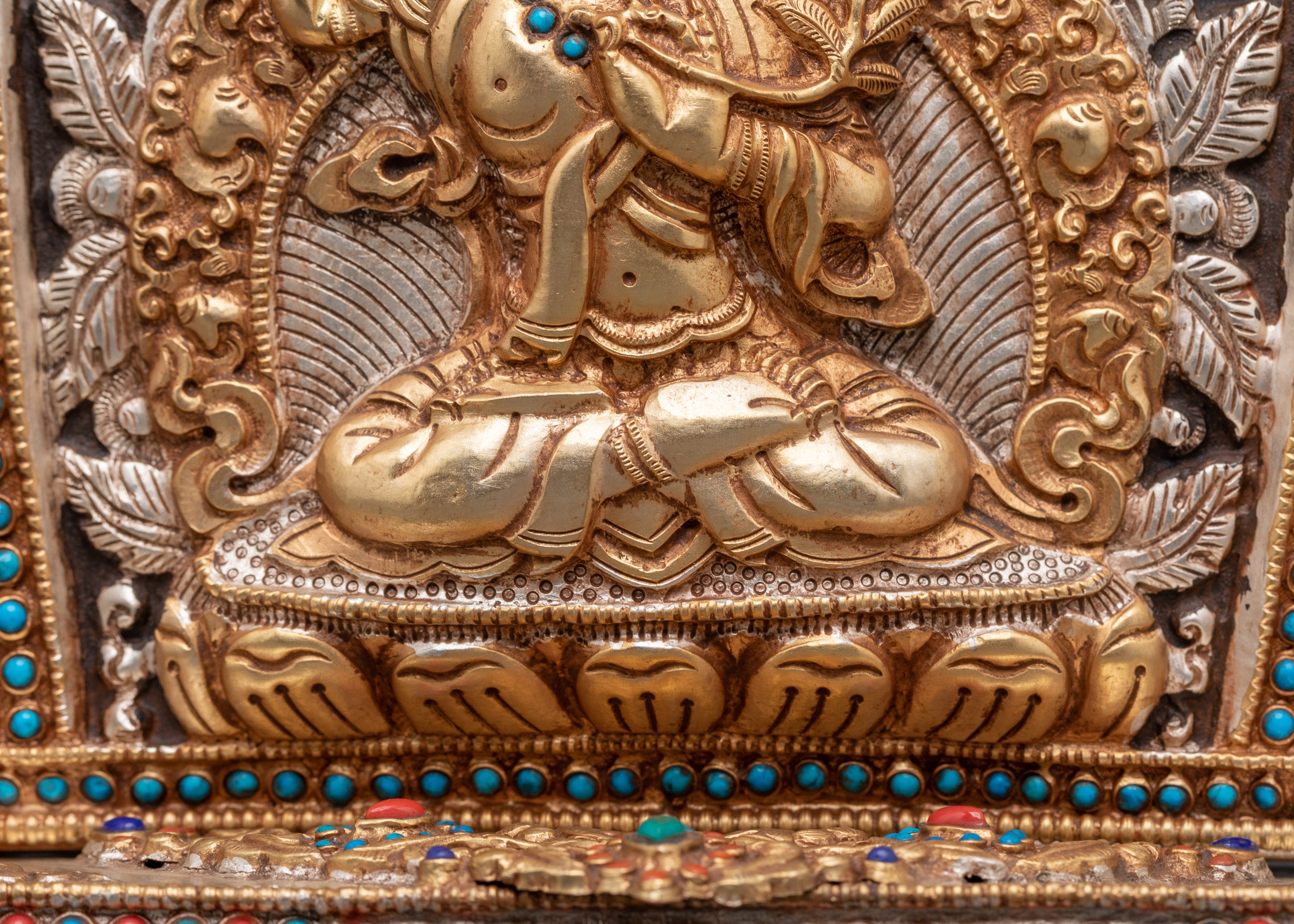 Handmade Tibetan Ghau Box with Manjushri | Copper & Gold Plated Tibetan Altar Box