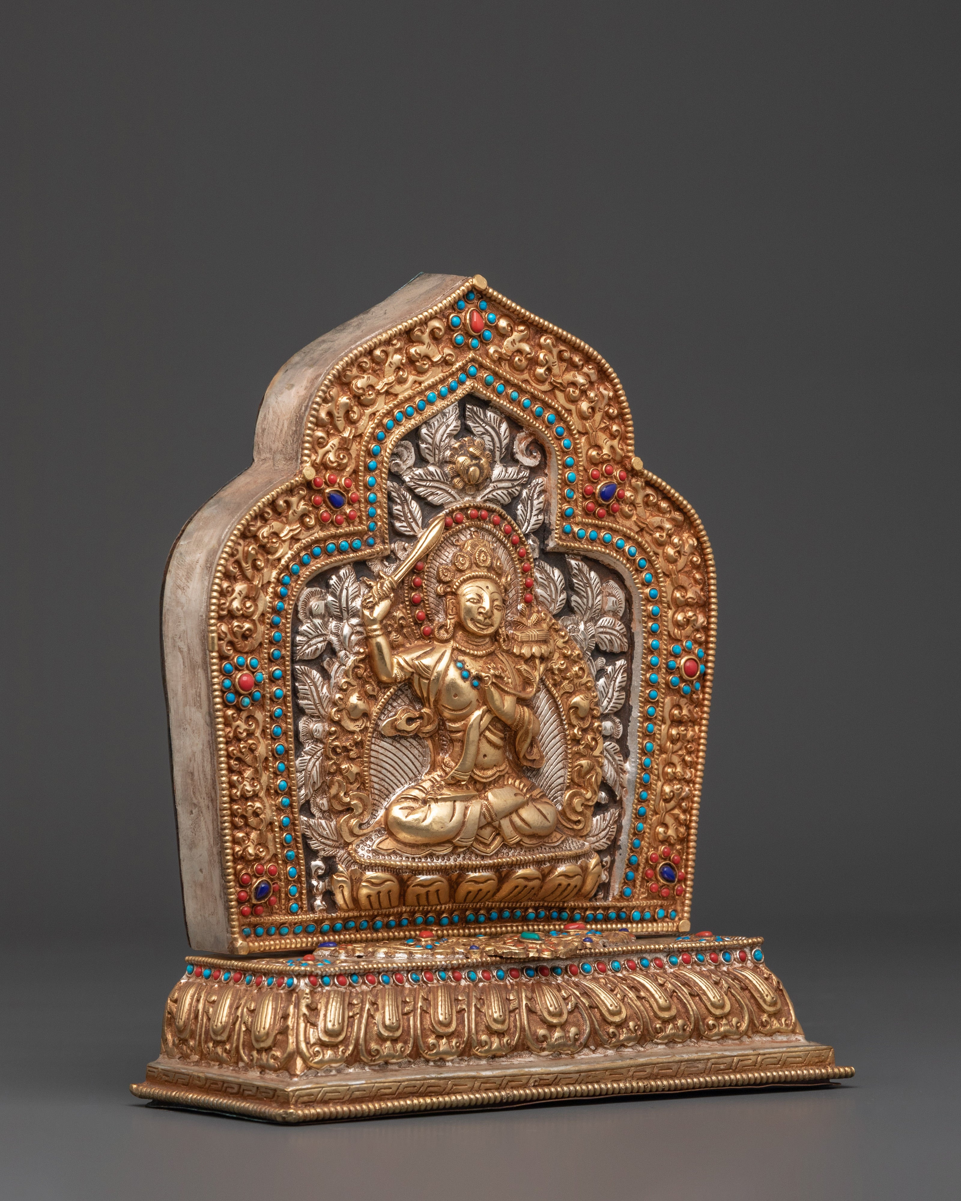 Handmade Tibetan Ghau Box with Manjushri | Copper & Gold Plated Tibetan Altar Box