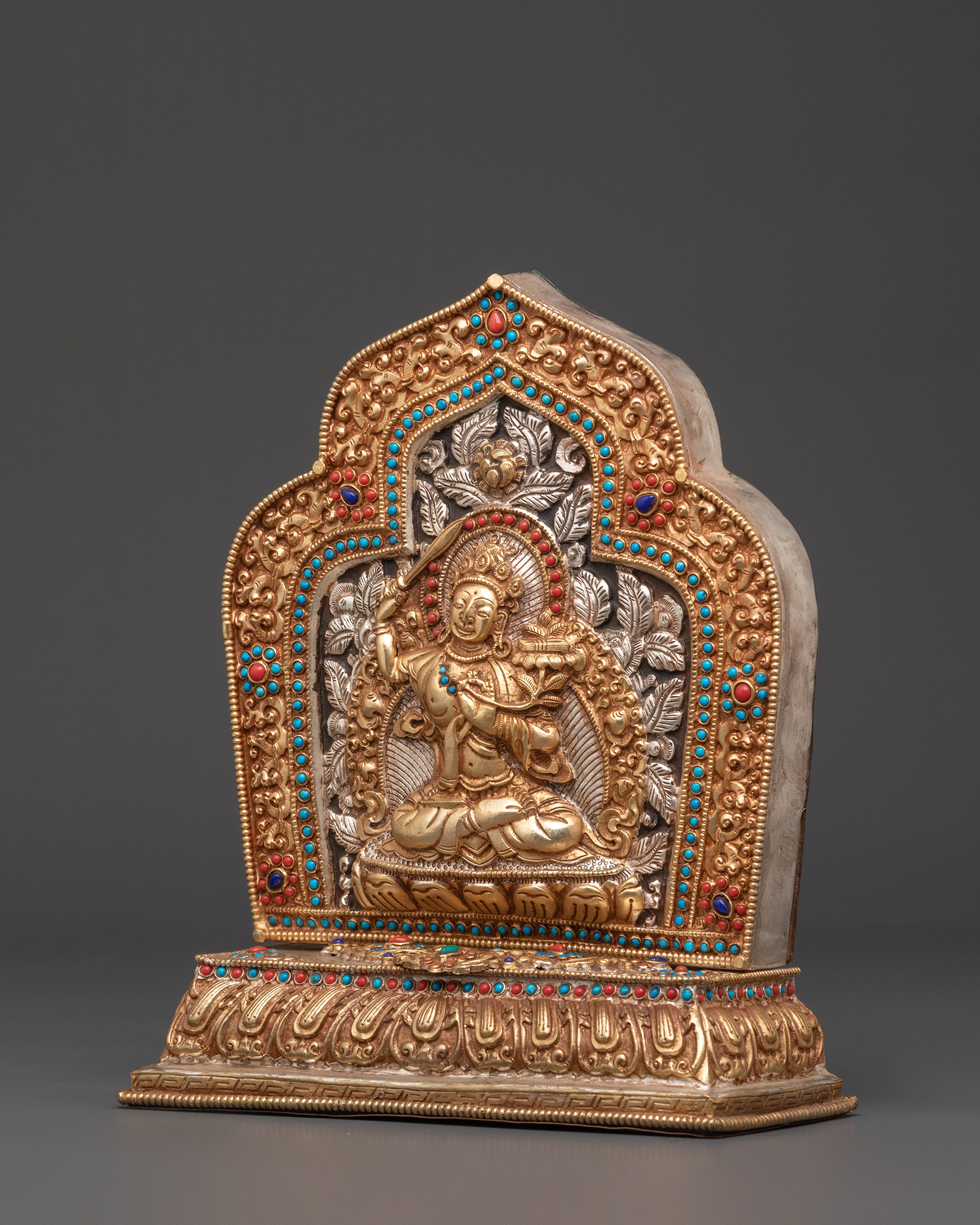 Handmade Tibetan Ghau Box with Manjushri | Copper & Gold Plated Tibetan Altar Box