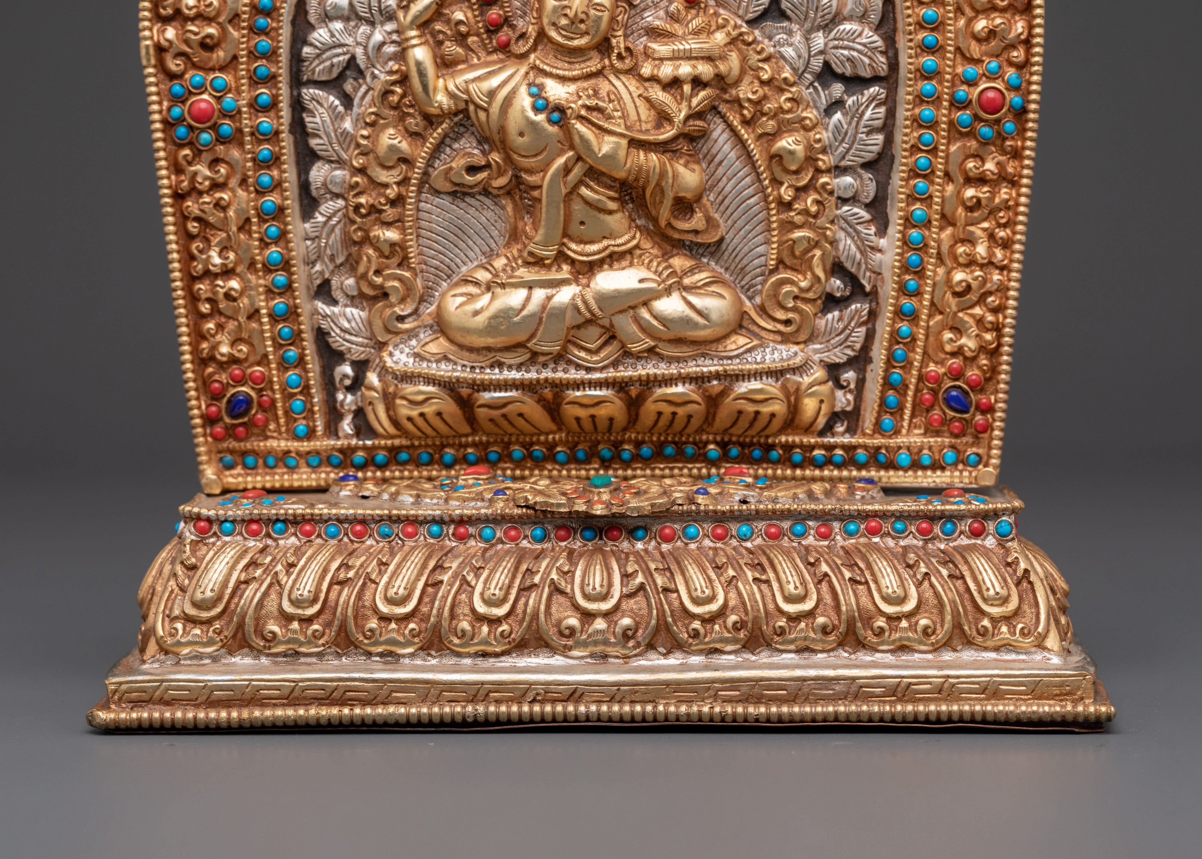 Handmade Tibetan Ghau Box with Manjushri | Copper & Gold Plated Tibetan Altar Box