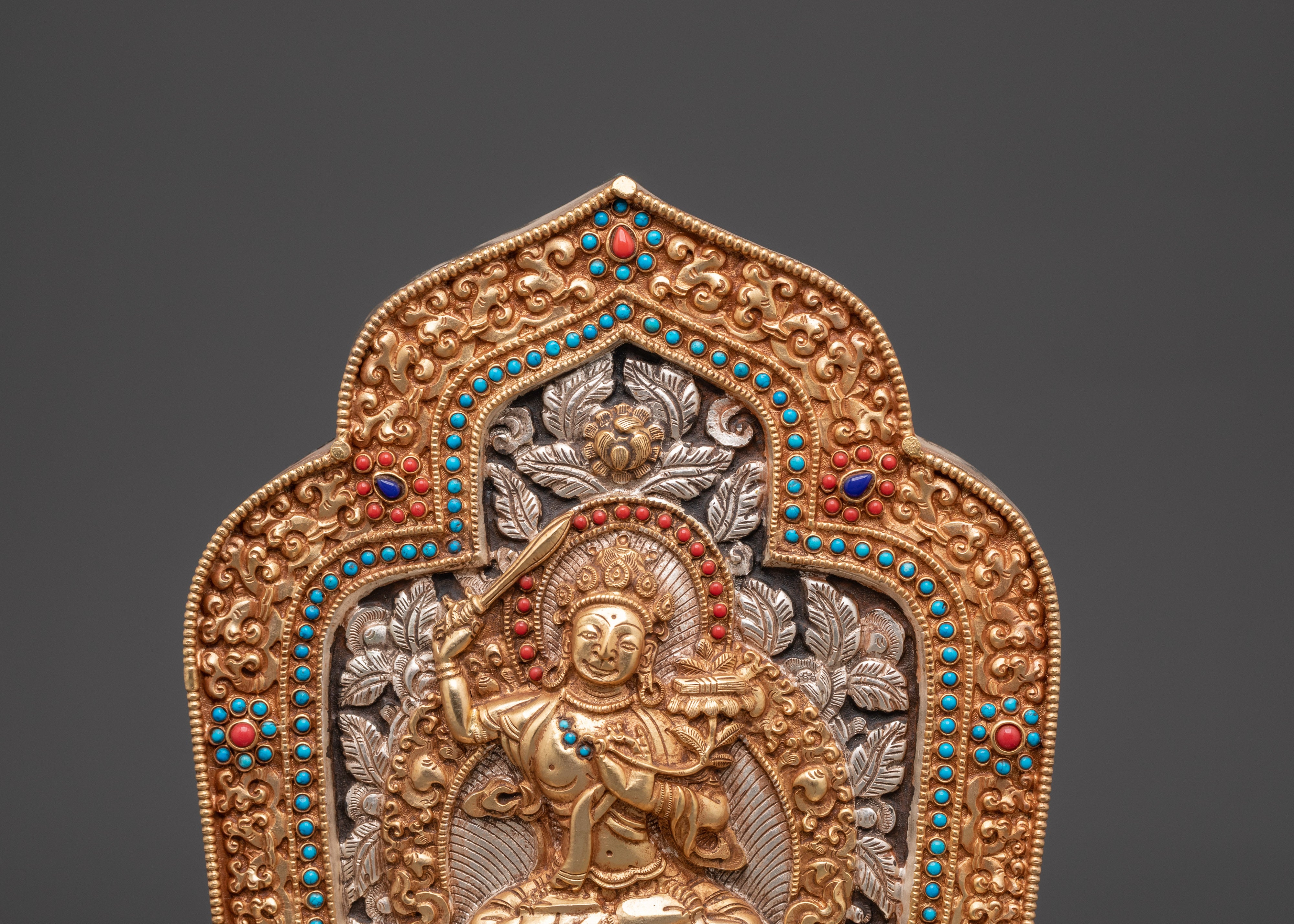 Handmade Tibetan Ghau Box with Manjushri | Copper & Gold Plated Tibetan Altar Box