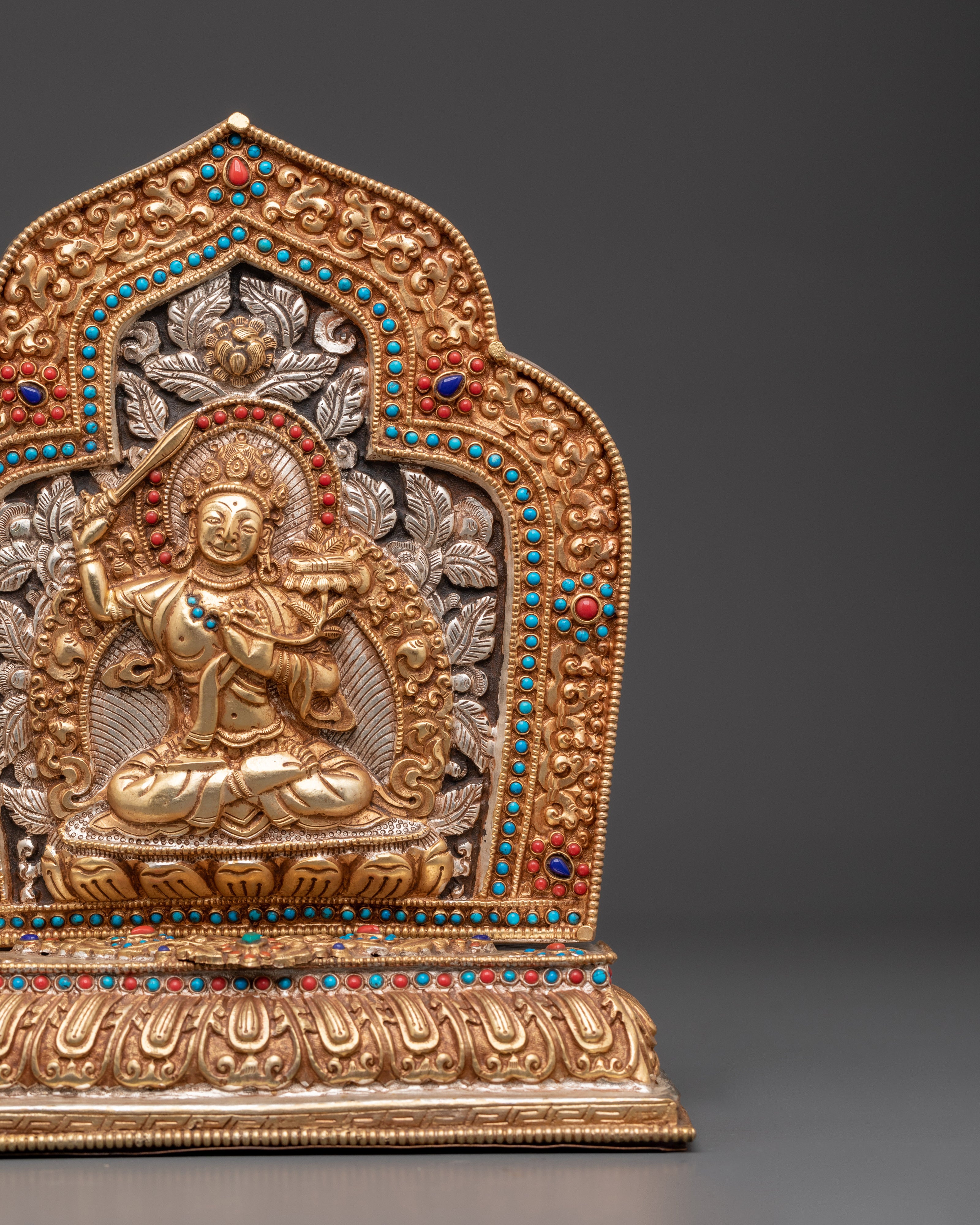 Handmade Tibetan Ghau Box with Manjushri | Copper & Gold Plated Tibetan Altar Box