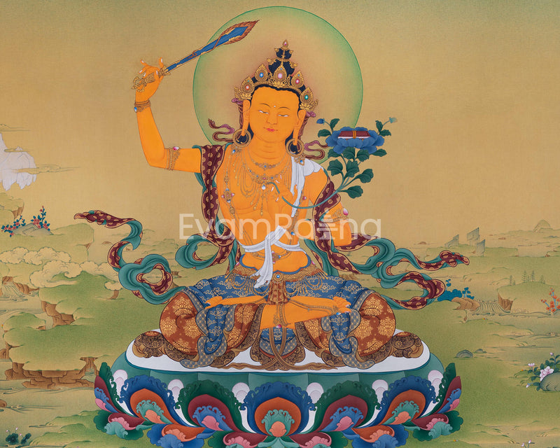 Wisdom Deity Manjushri Canvas Print | Manjushri Thangka Print for Enlightenment | Buddhist Home Decor