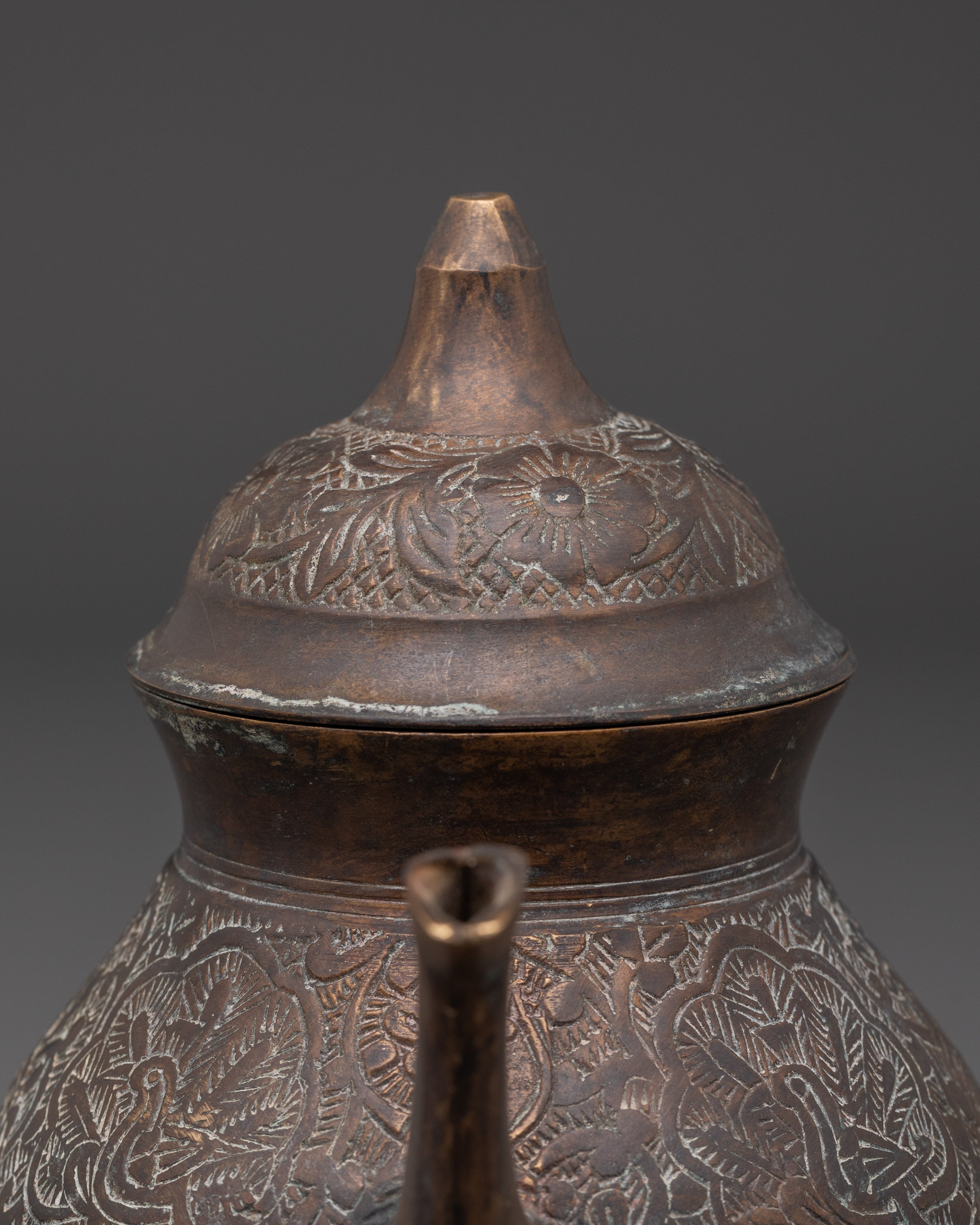 Copper Crafted Tea Pot |Tea Pot with Hand Carved Peacock Design