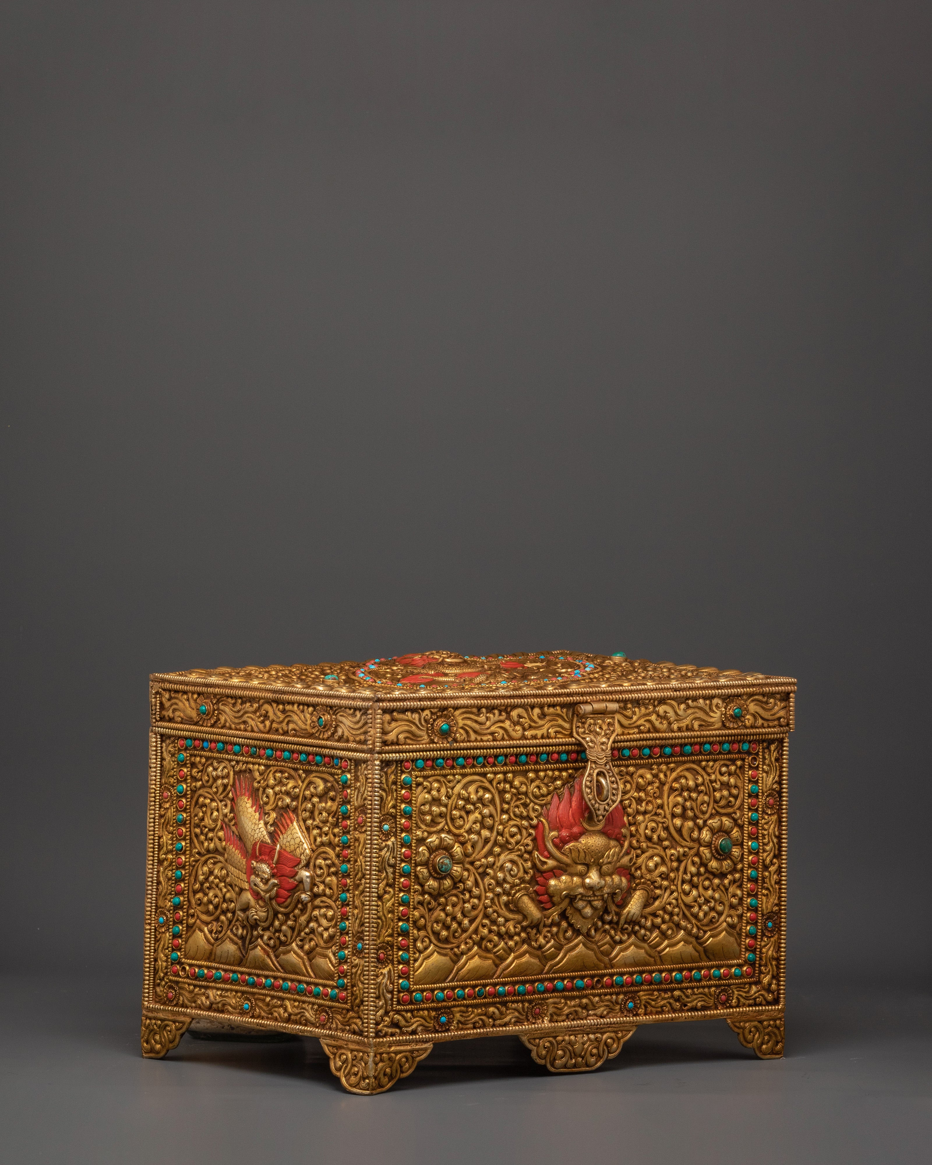 Decorative Treasure Box | Copper Treasure Box with Turquoise and Coral Inlays