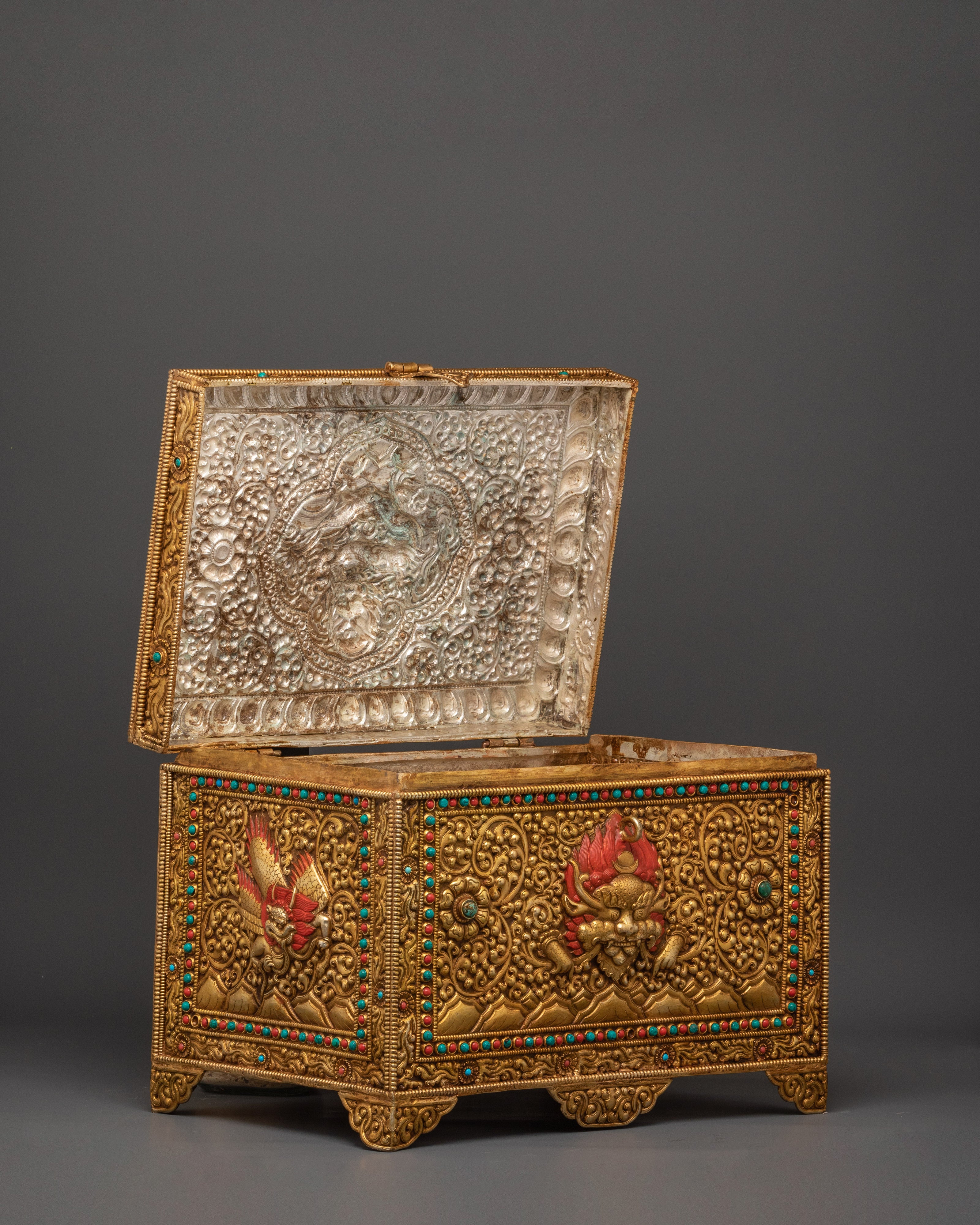 Decorative Treasure Box | Copper Treasure Box with Turquoise and Coral Inlays