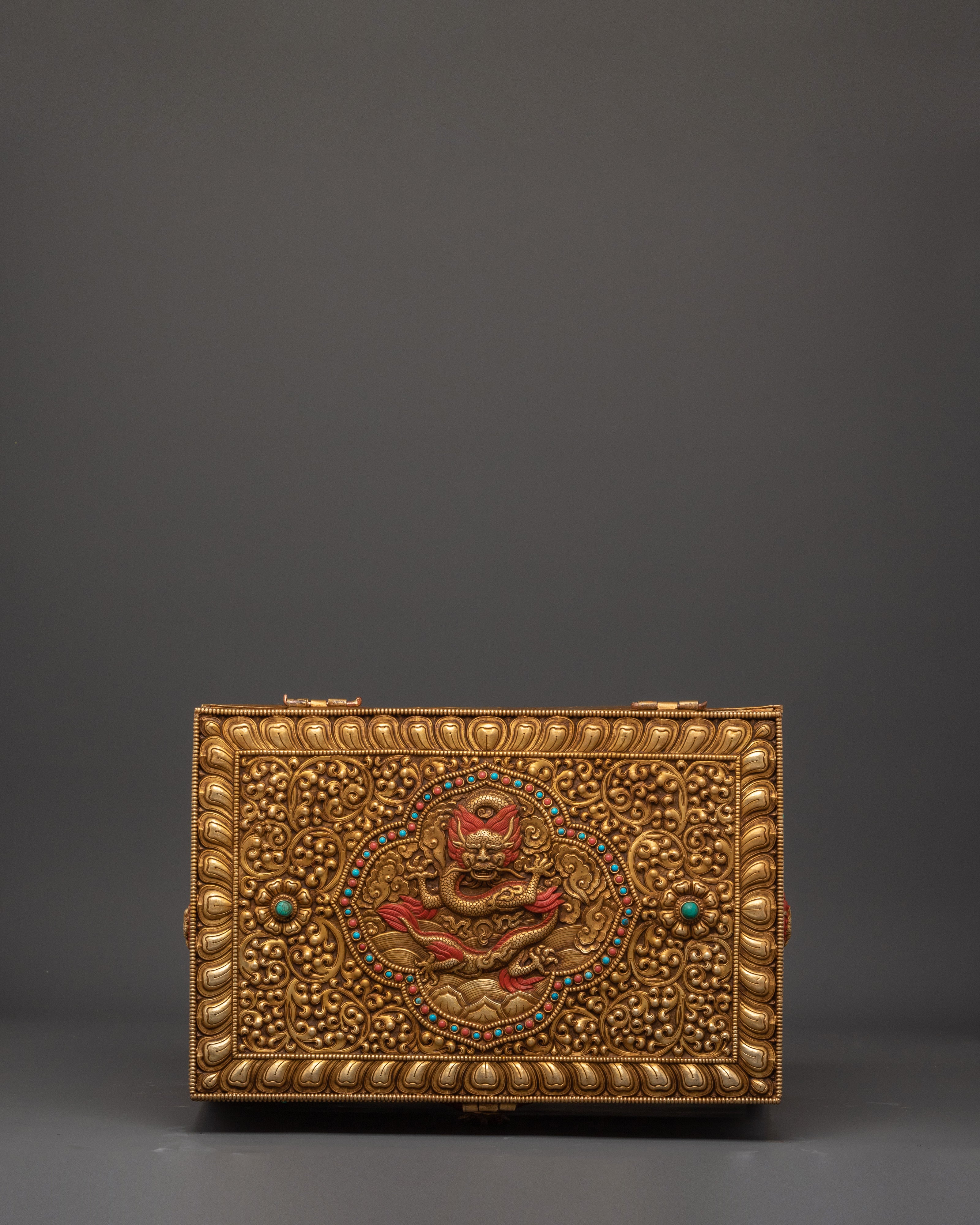 Decorative Treasure Box | Copper Treasure Box with Turquoise and Coral Inlays