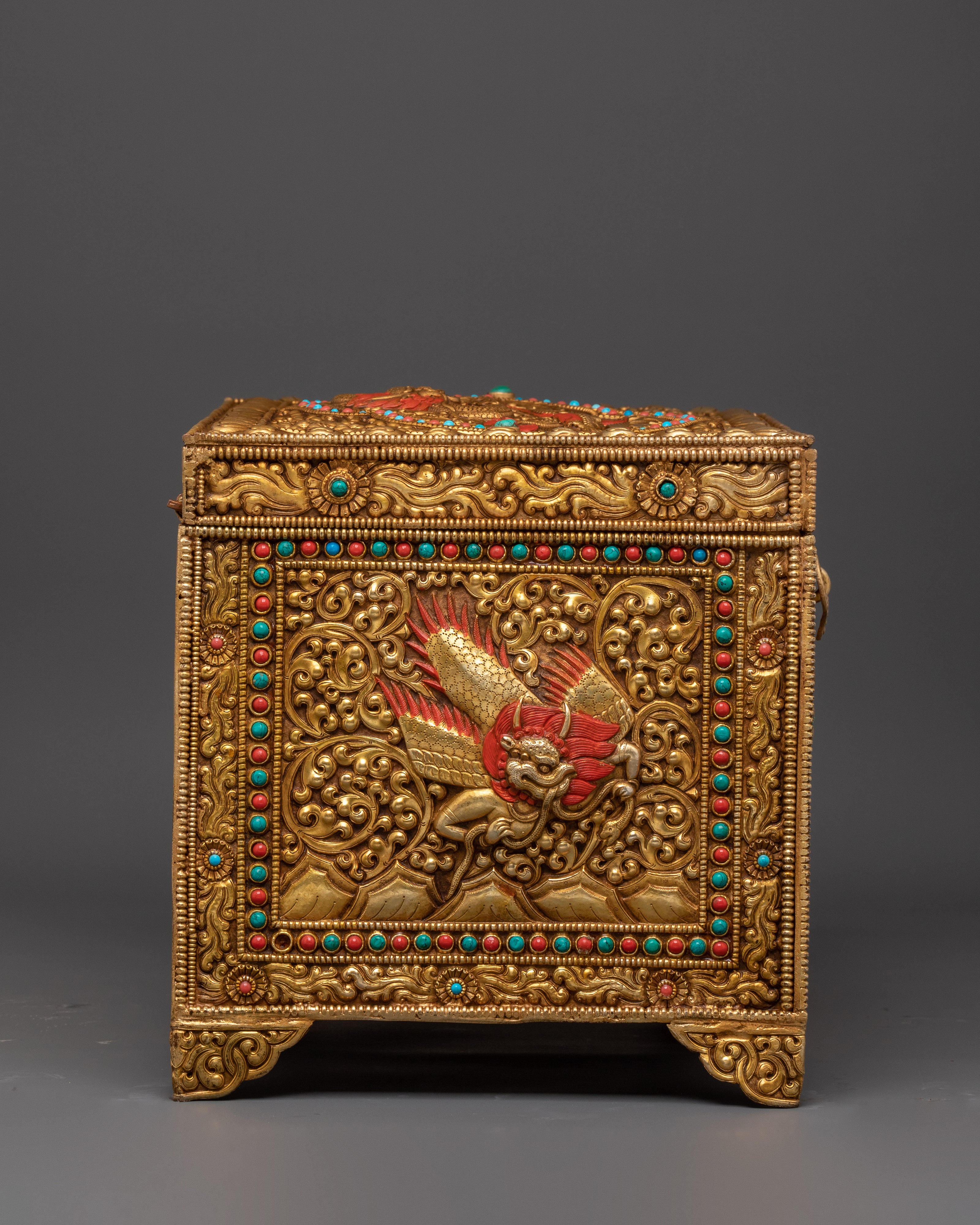 Decorative Treasure Box | Copper Treasure Box with Turquoise and Coral Inlays