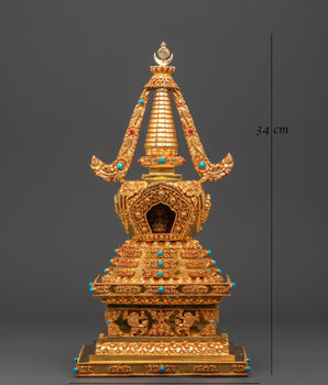 Gold Plated Buddhist Stupa for Decor | Tibetan Stupa for Spiritual Home Decor