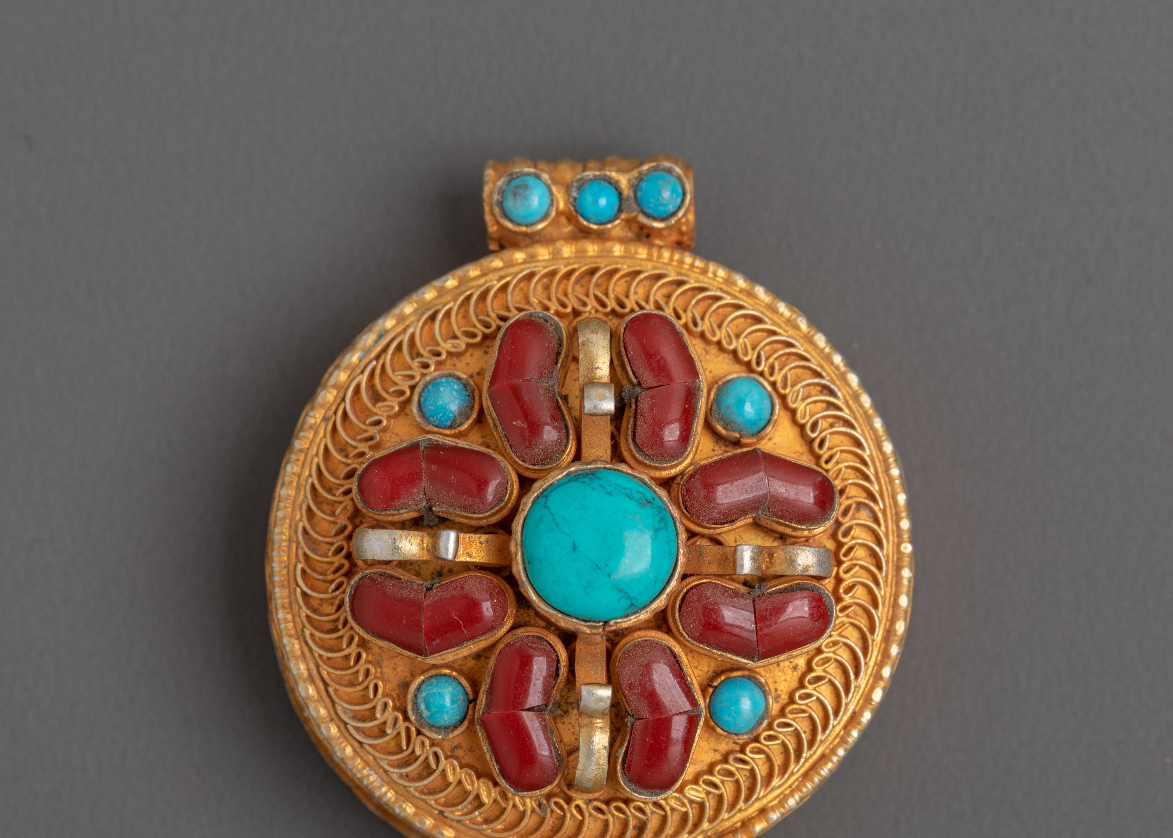 Handcrafted Golden Ghau Box Locket With Turquoise | Made in Nepal
