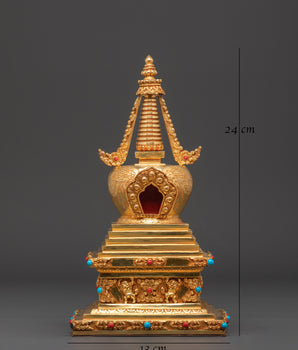 Buddhist Stupa Altar Decoration | Gold Plated & Turquoise Stones Inlaid