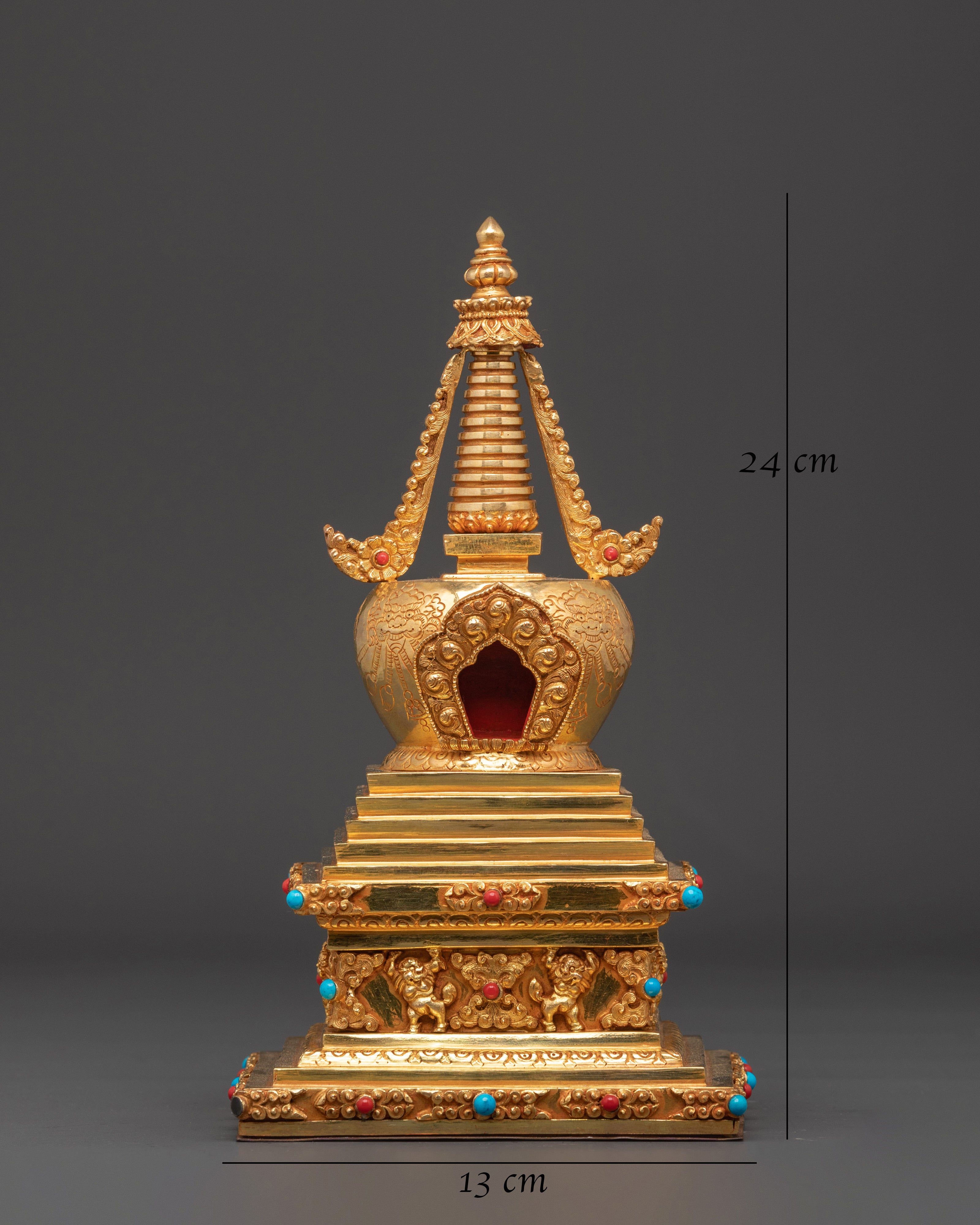 Buddhist Stupa Altar Decoration | Gold Plated & Turquoise Stones Inlaid