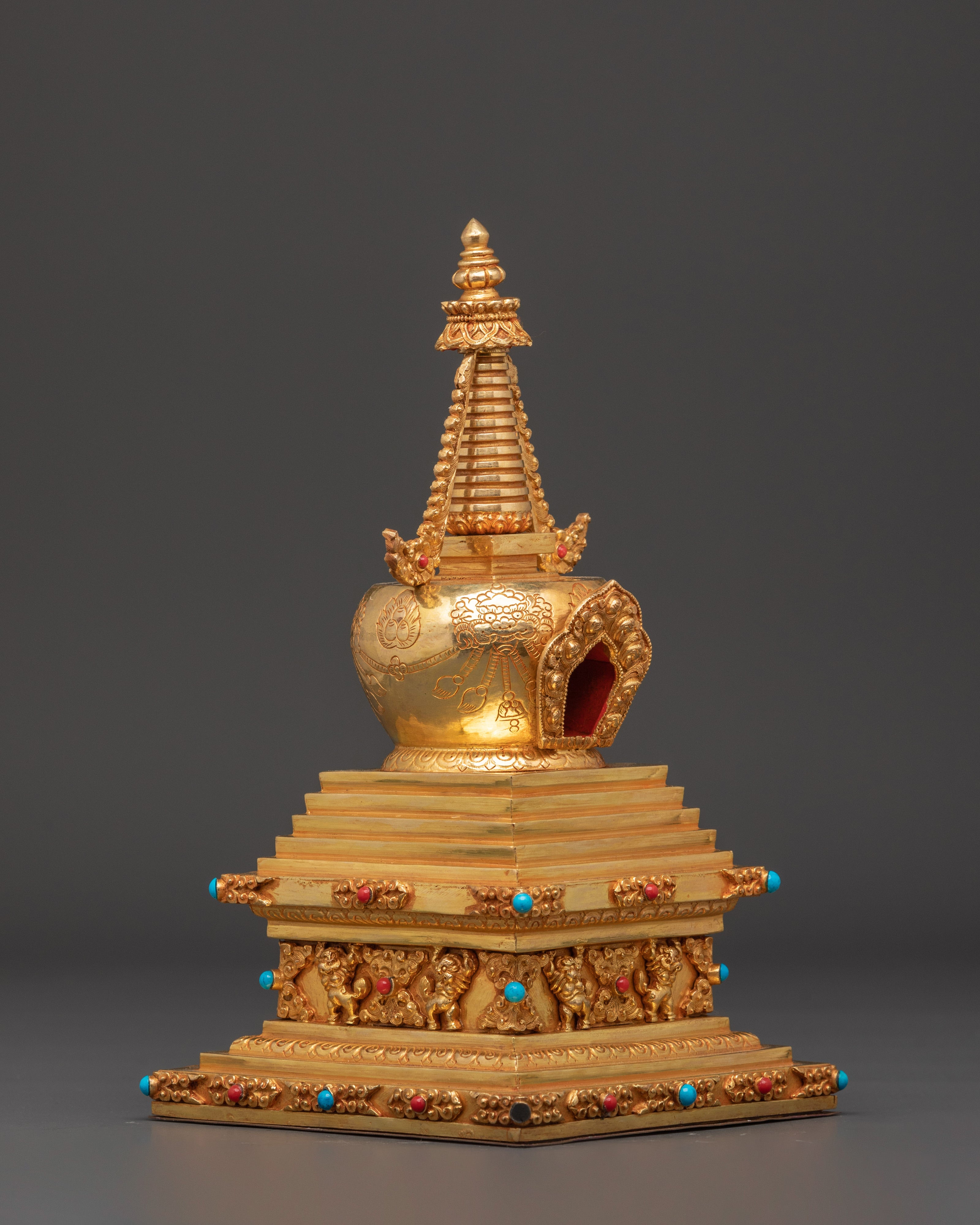 Buddhist Stupa Altar Decoration | Gold Plated & Turquoise Stones Inlaid