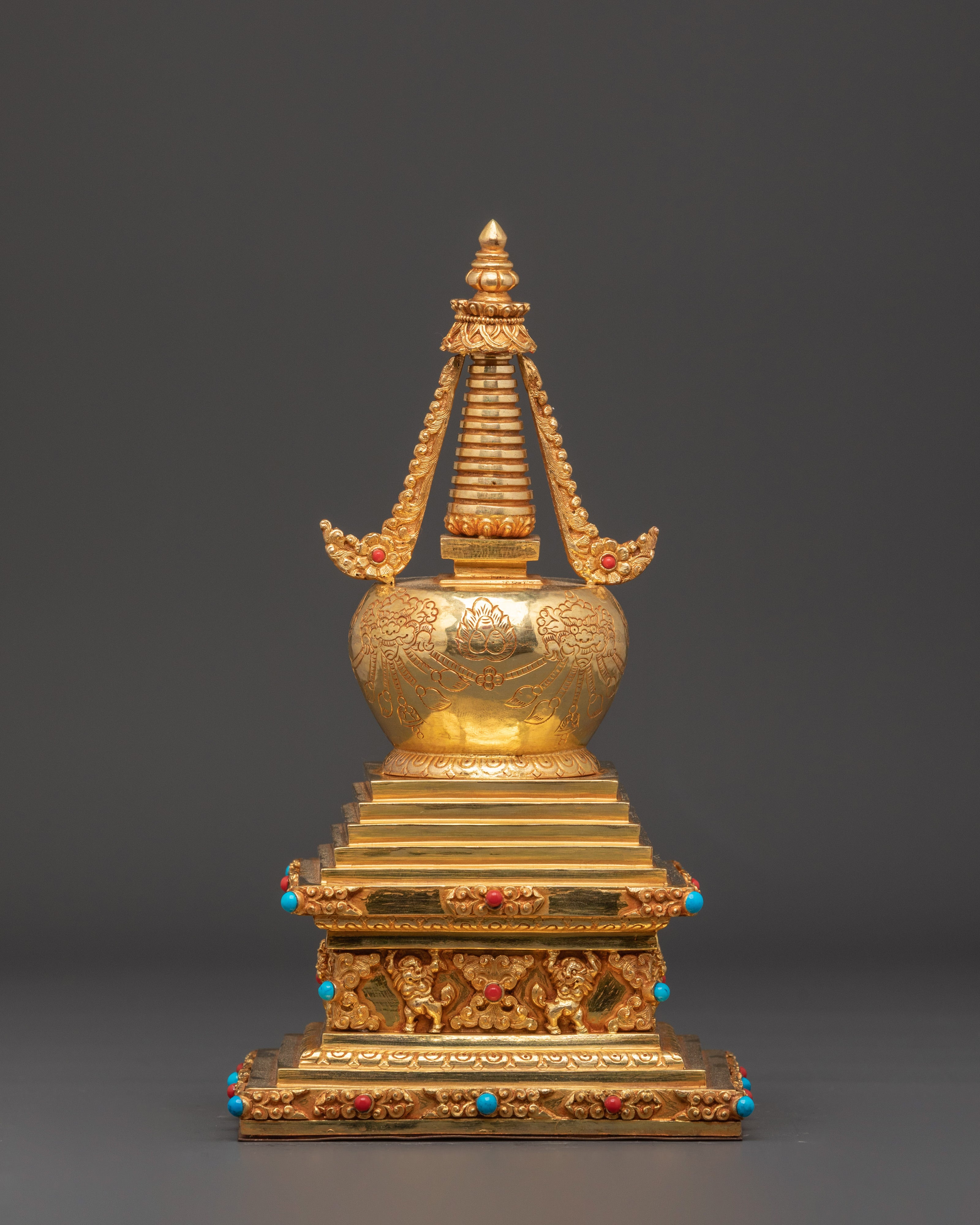 Buddhist Stupa Altar Decoration | Gold Plated & Turquoise Stones Inlaid