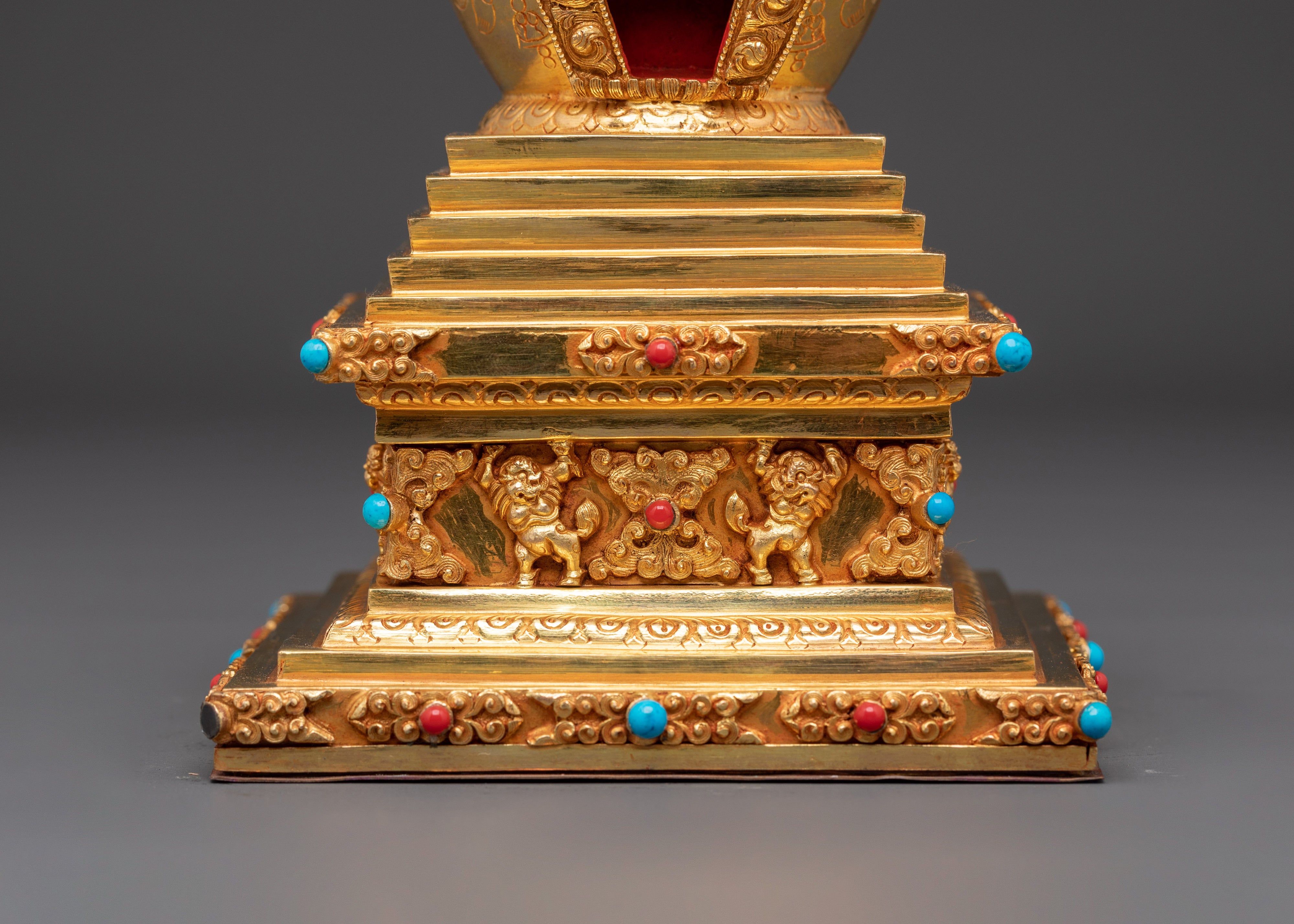 Buddhist Stupa Altar Decoration | Gold Plated & Turquoise Stones Inlaid