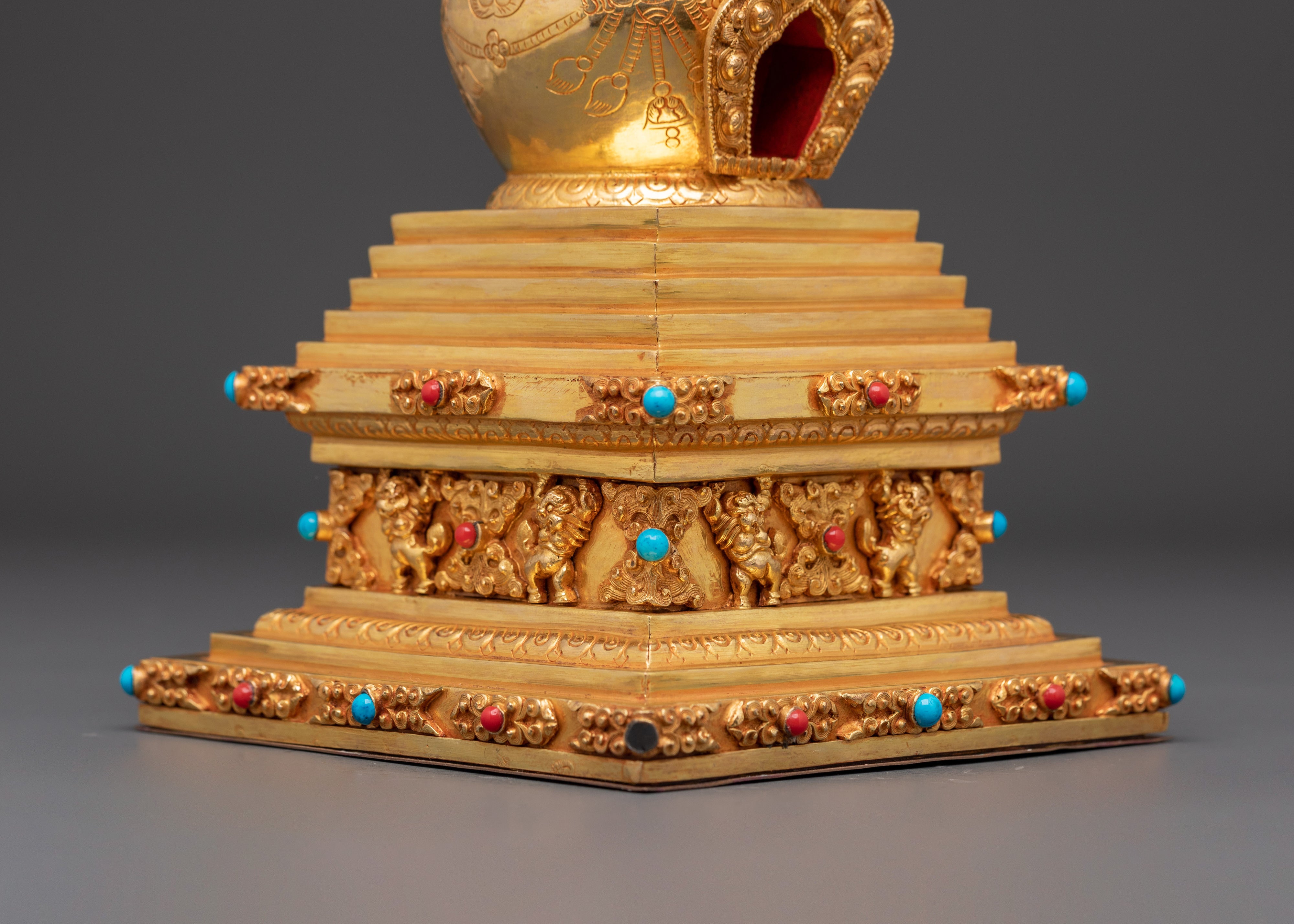 Buddhist Stupa Altar Decoration | Gold Plated & Turquoise Stones Inlaid