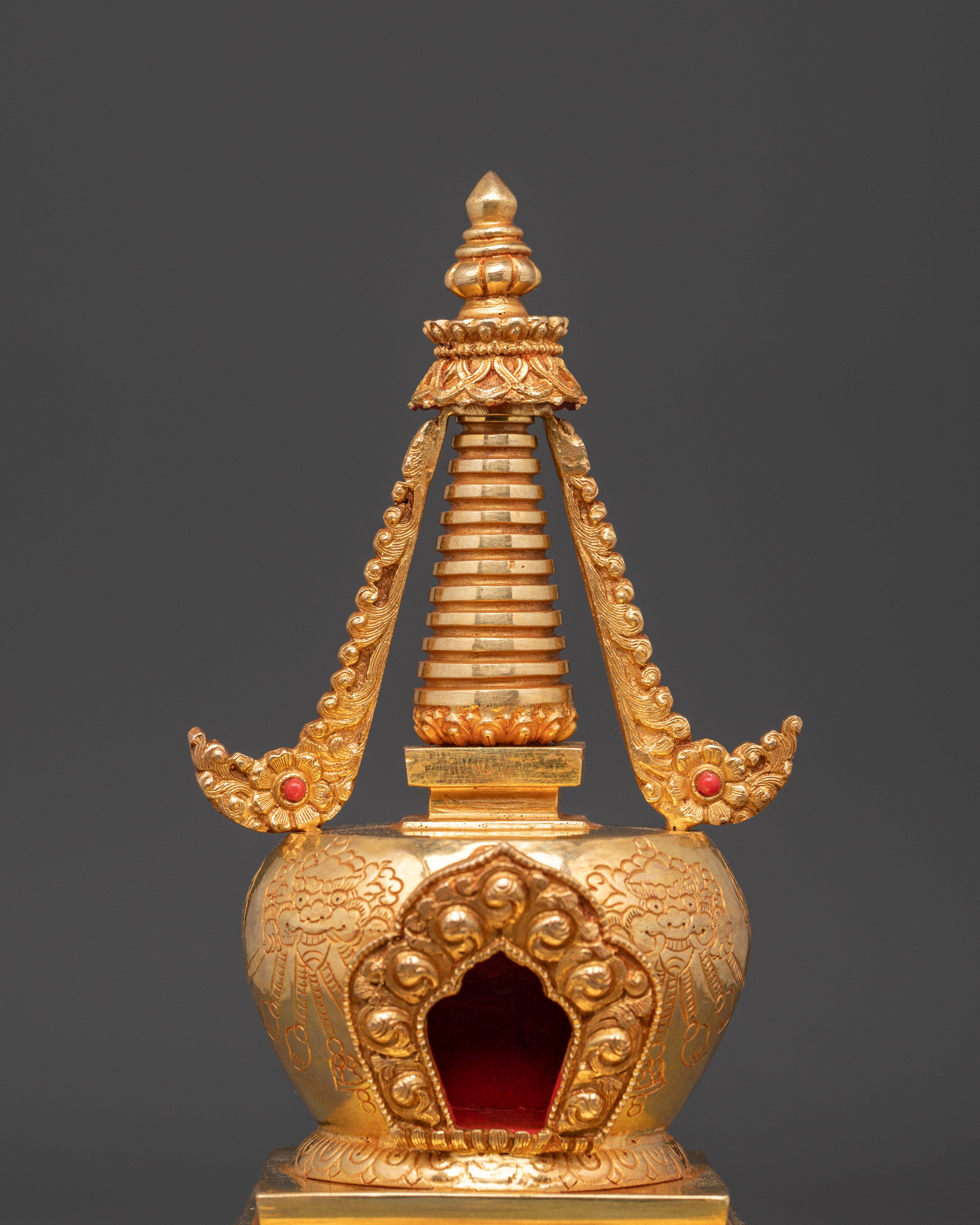 Buddhist Stupa Altar Decoration | Gold Plated & Turquoise Stones Inlaid