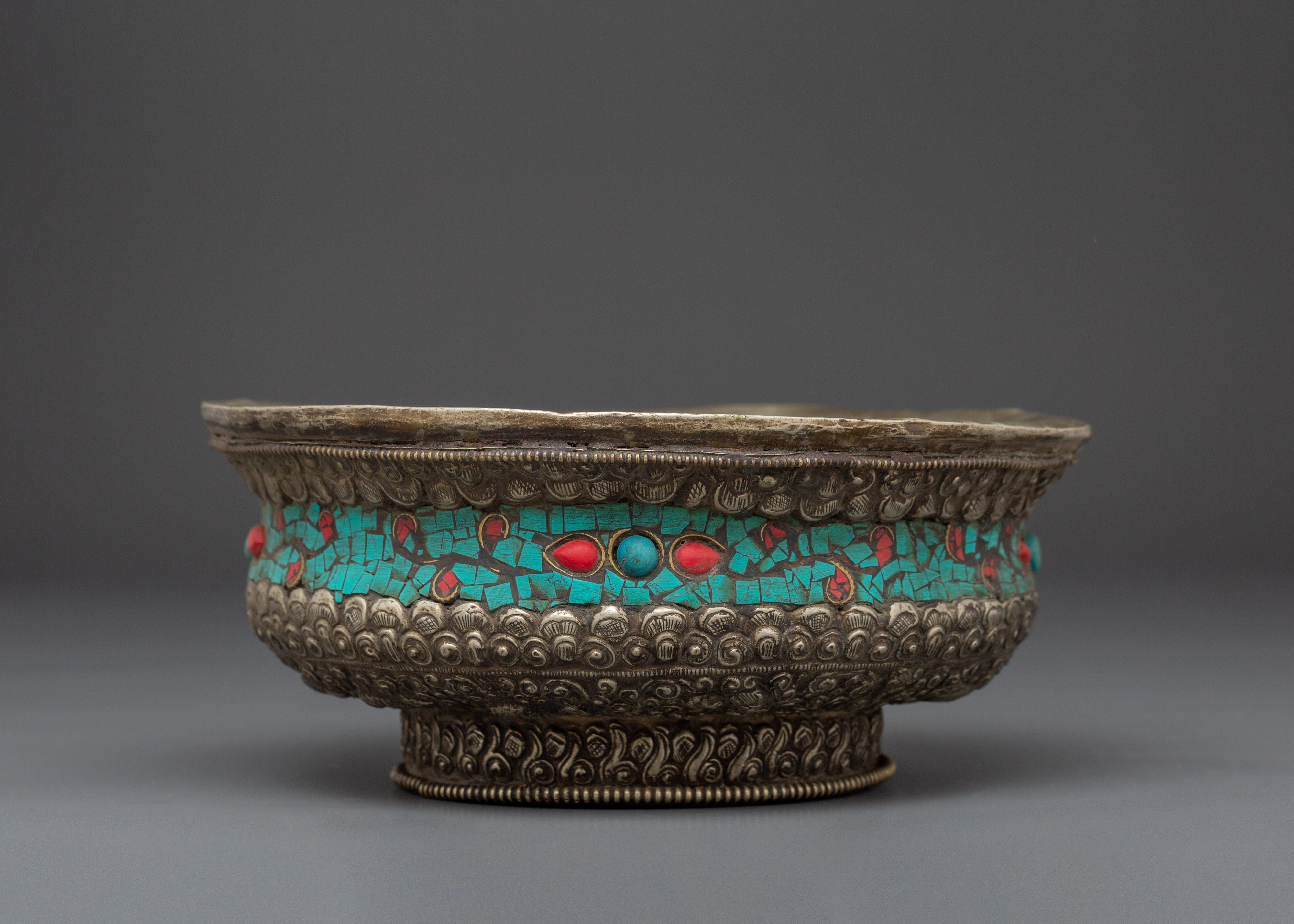 Coral and Turquoise Inlaid Bowl | Shrine Offering Bowl