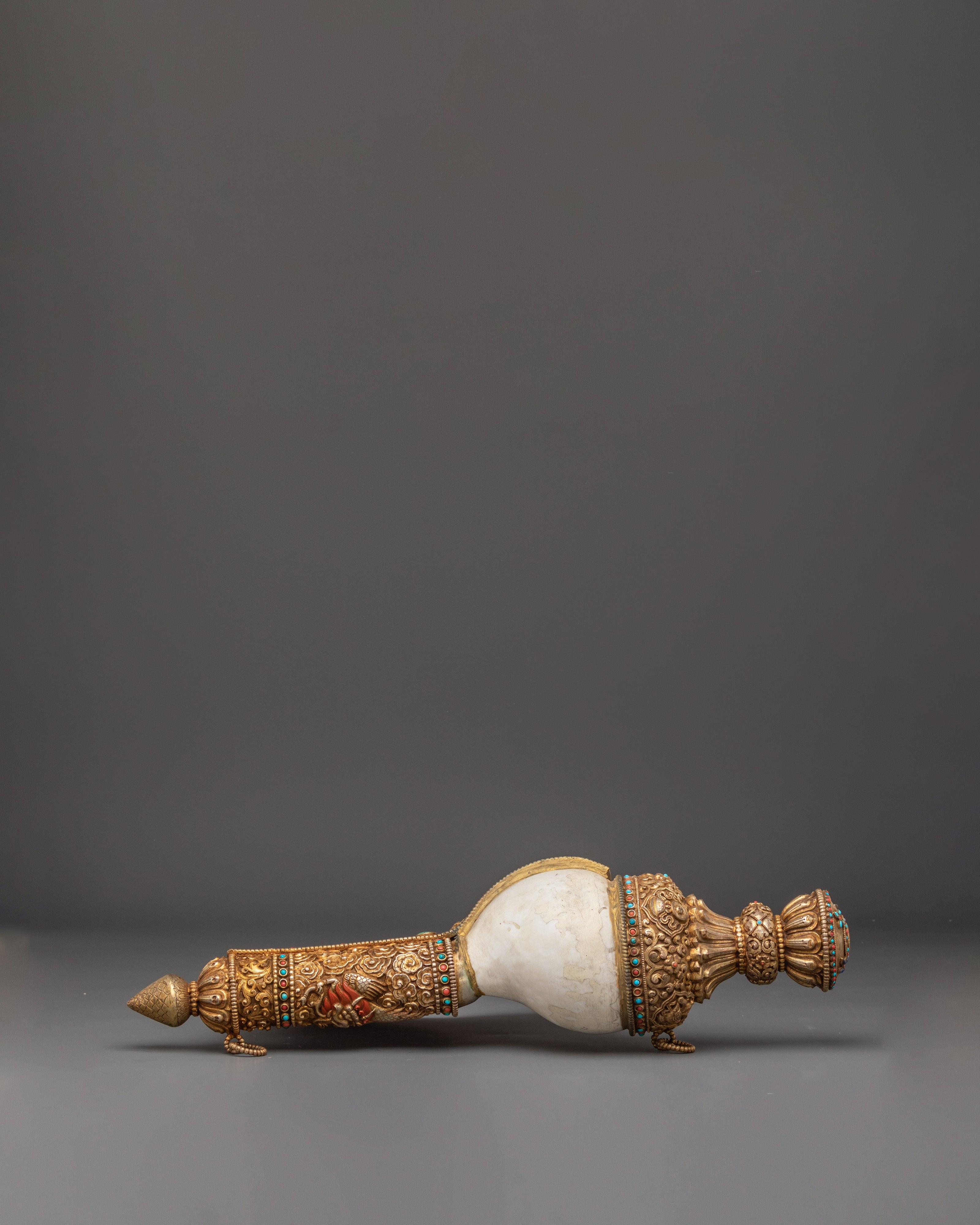 Handmade Tibetan Buddhist Conch Shell | Gold Plated Ceremonial Sankha Horn