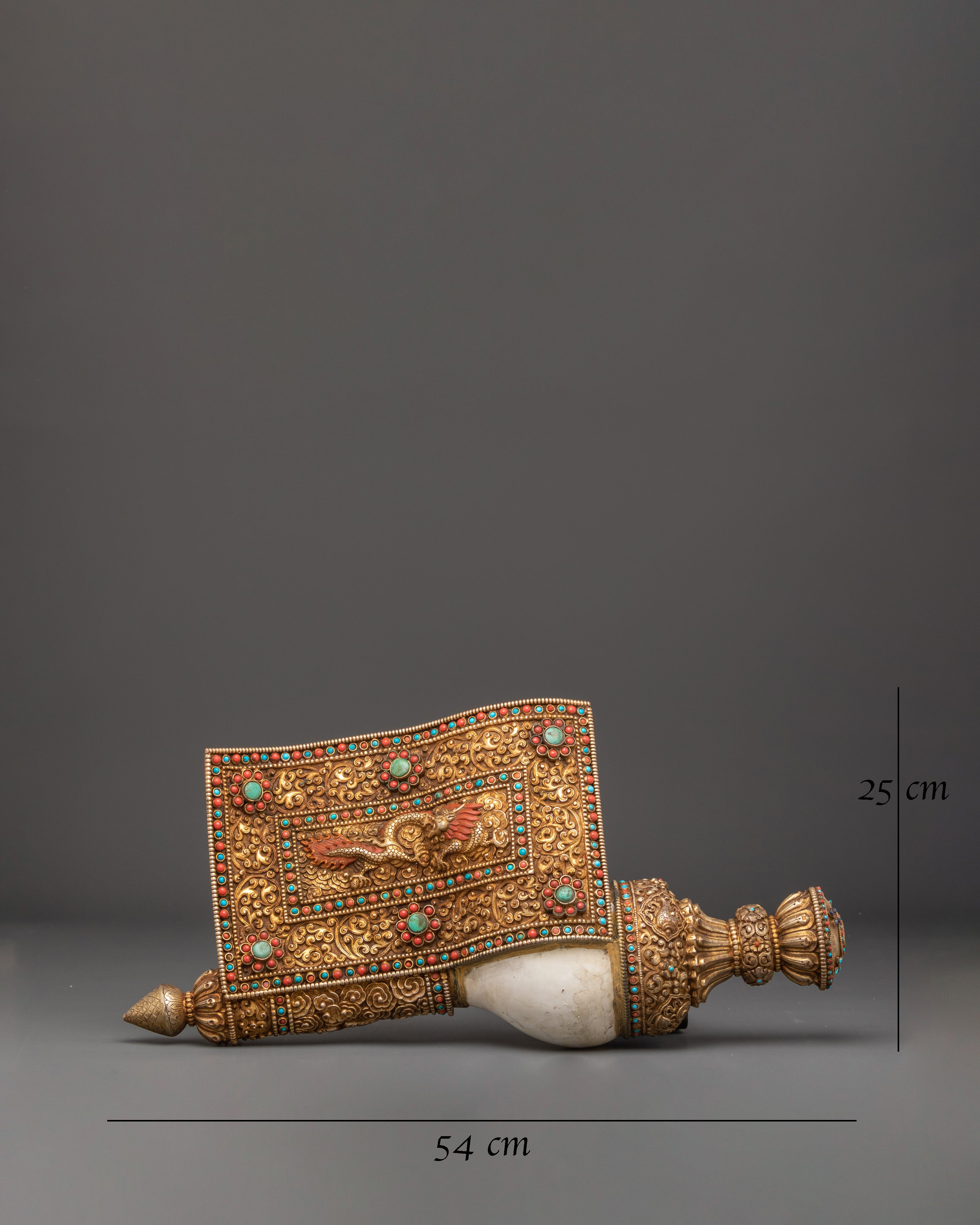 Handmade Tibetan Buddhist Conch Shell | Gold Plated Ceremonial Sankha Horn