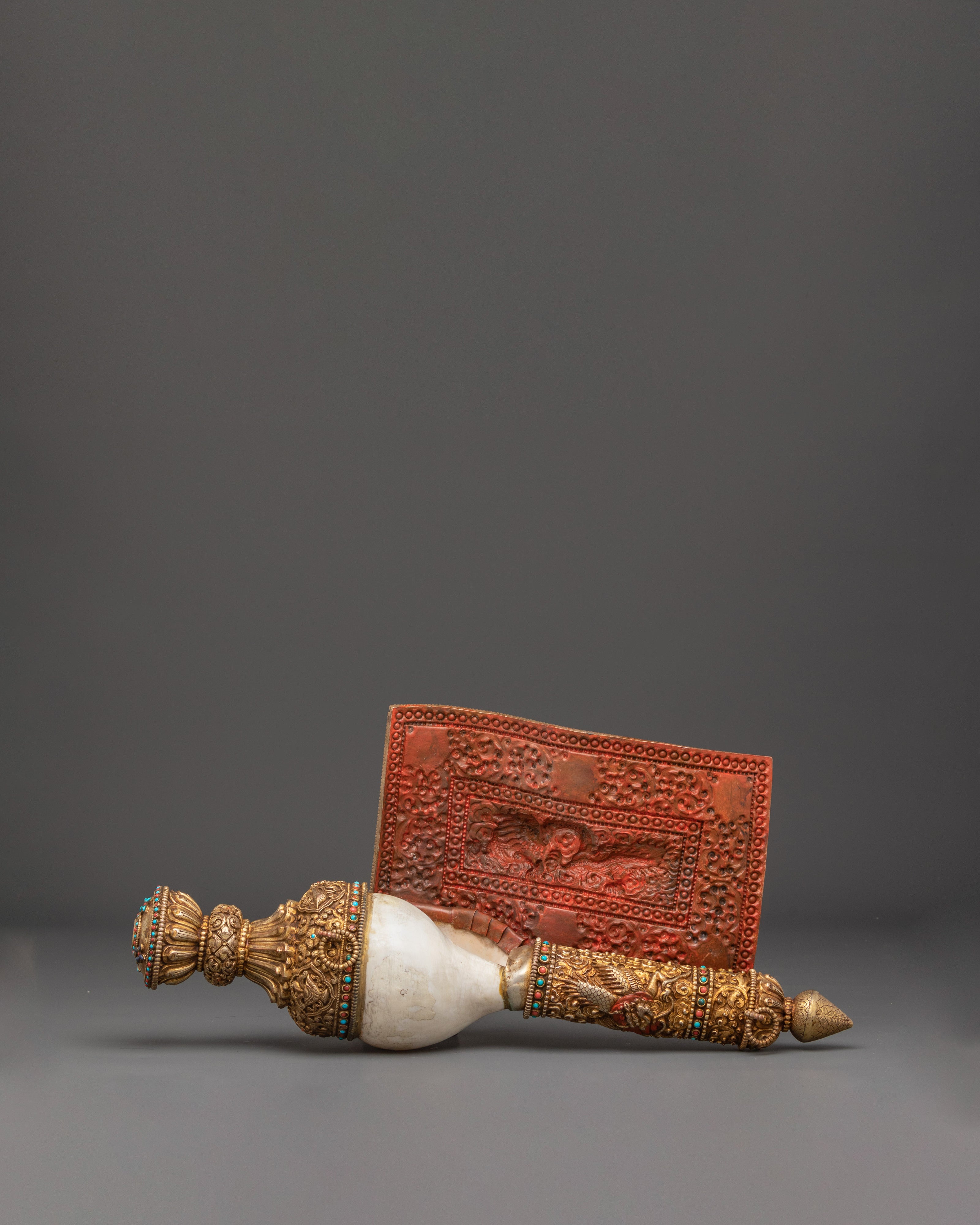 Handmade Tibetan Buddhist Conch Shell | Gold Plated Ceremonial Sankha Horn