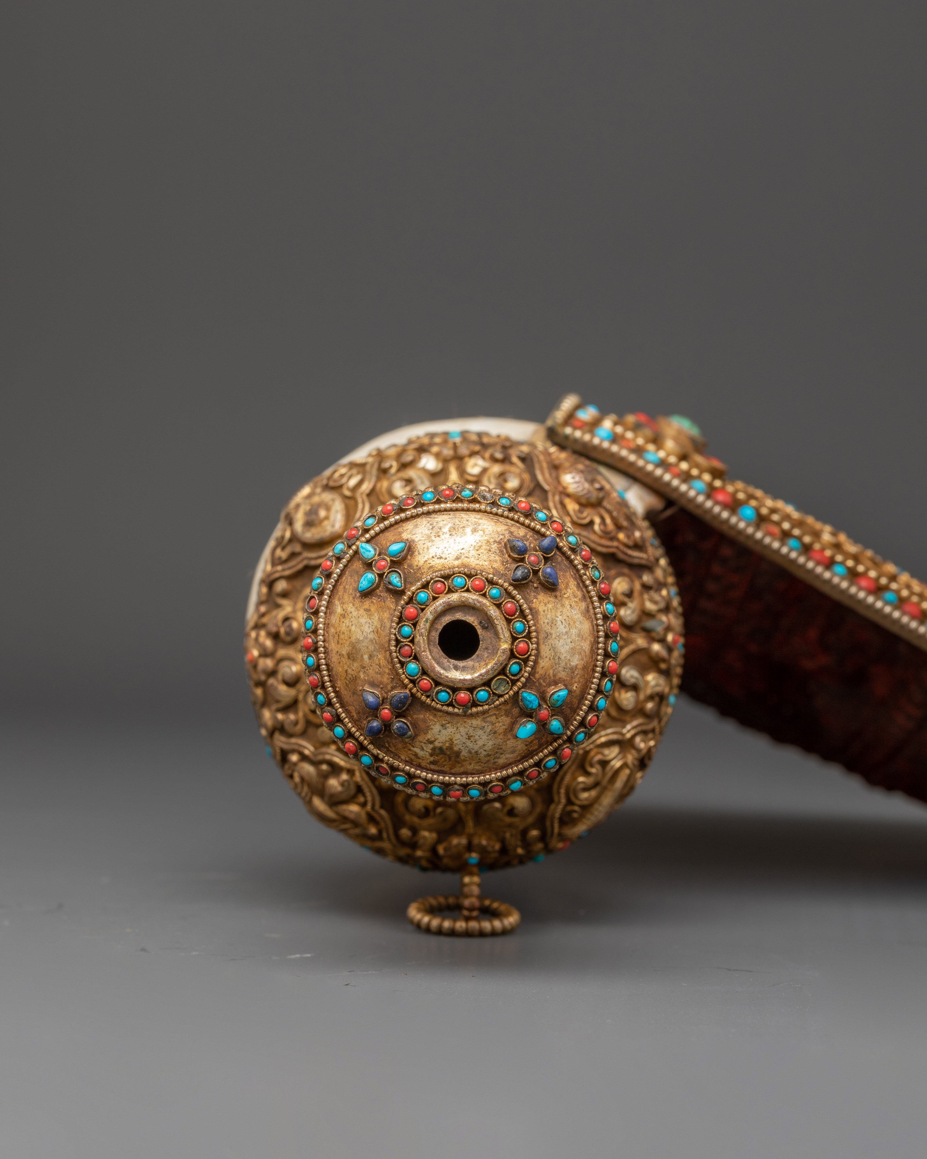 Handmade Tibetan Buddhist Conch Shell | Gold Plated Ceremonial Sankha Horn