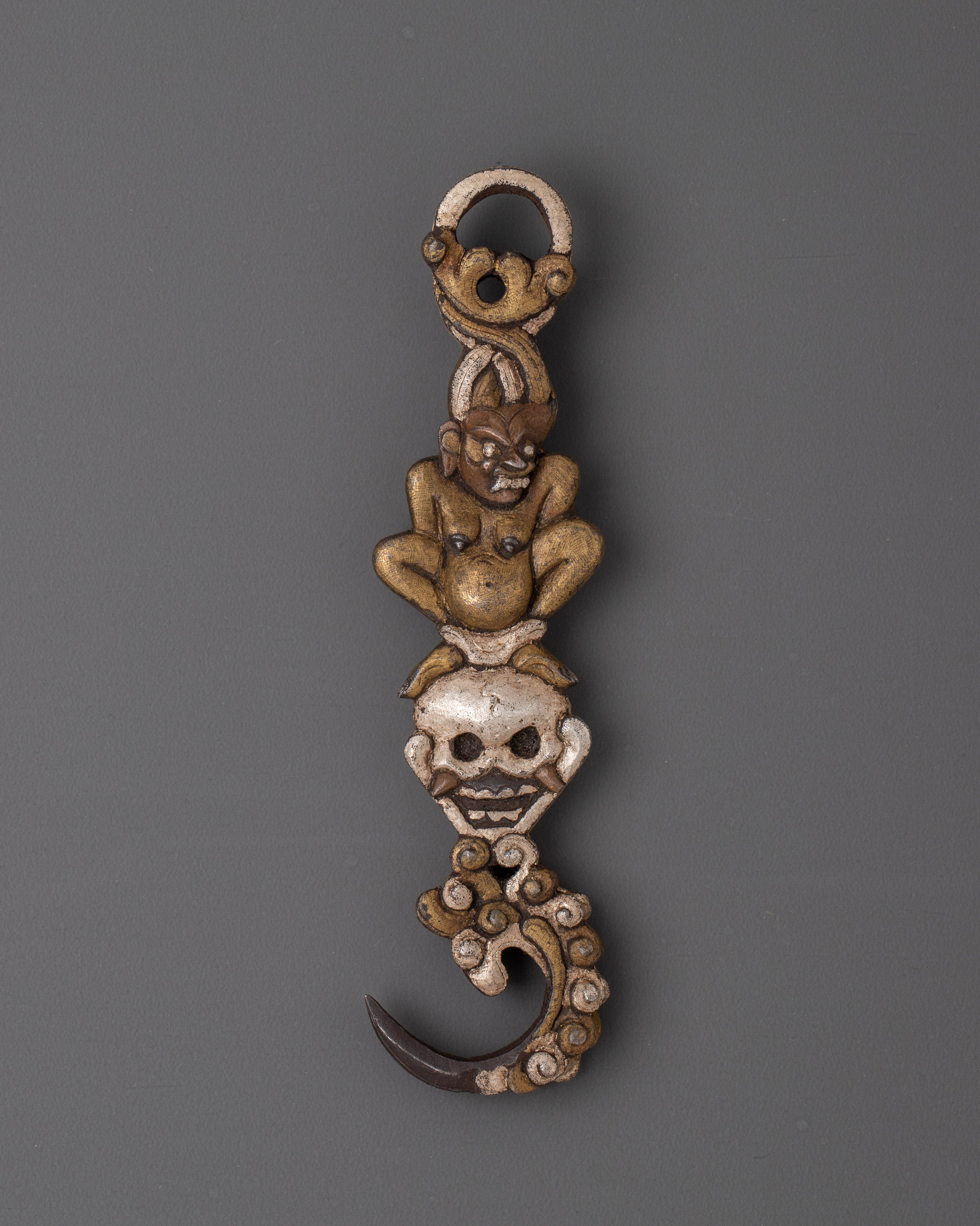 Handmade Decorative Carved Hook | Traditional Ankusha Iron Silver Inlaid Art