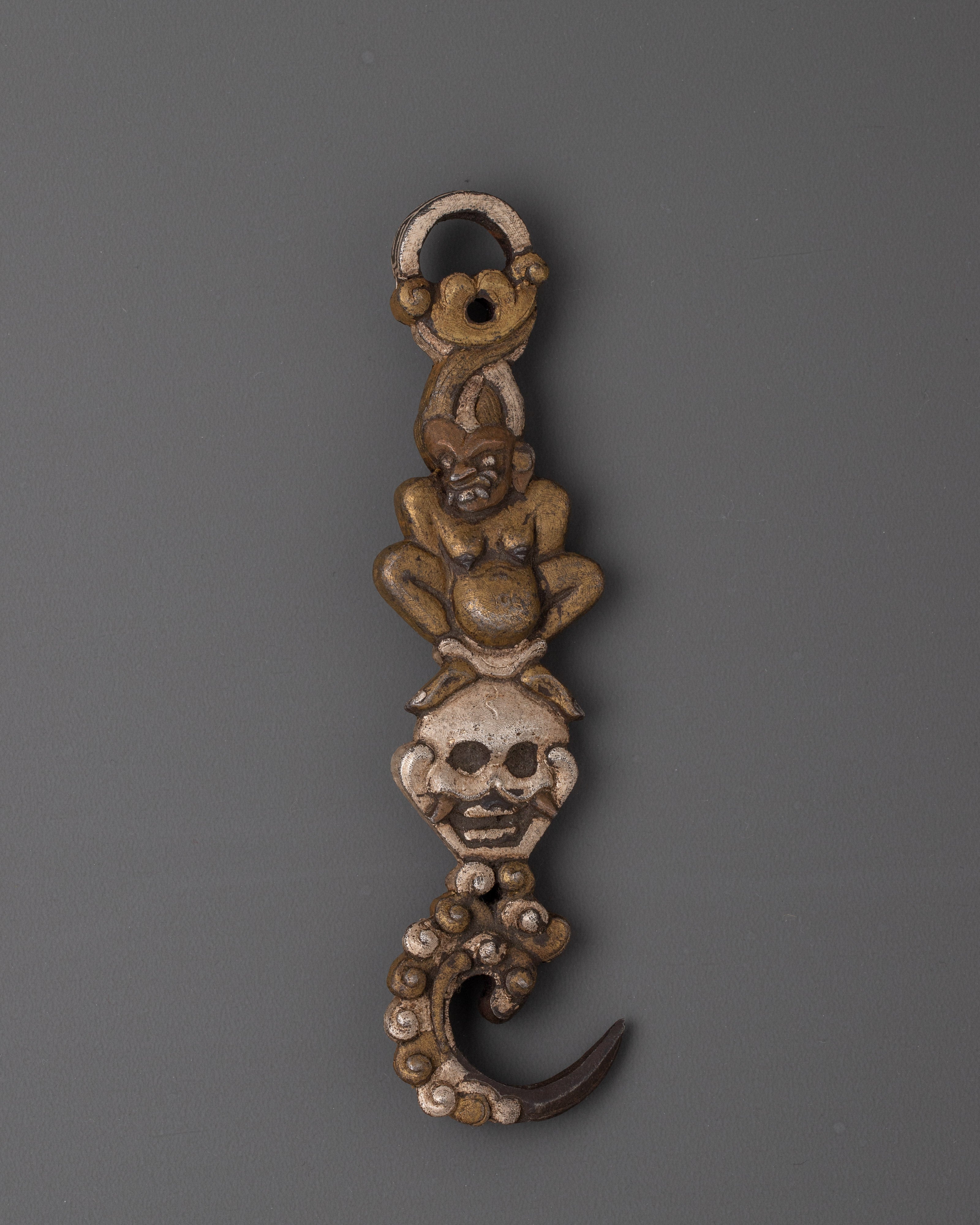 Handmade Decorative Carved Hook | Traditional Ankusha Iron Silver Inlaid Art