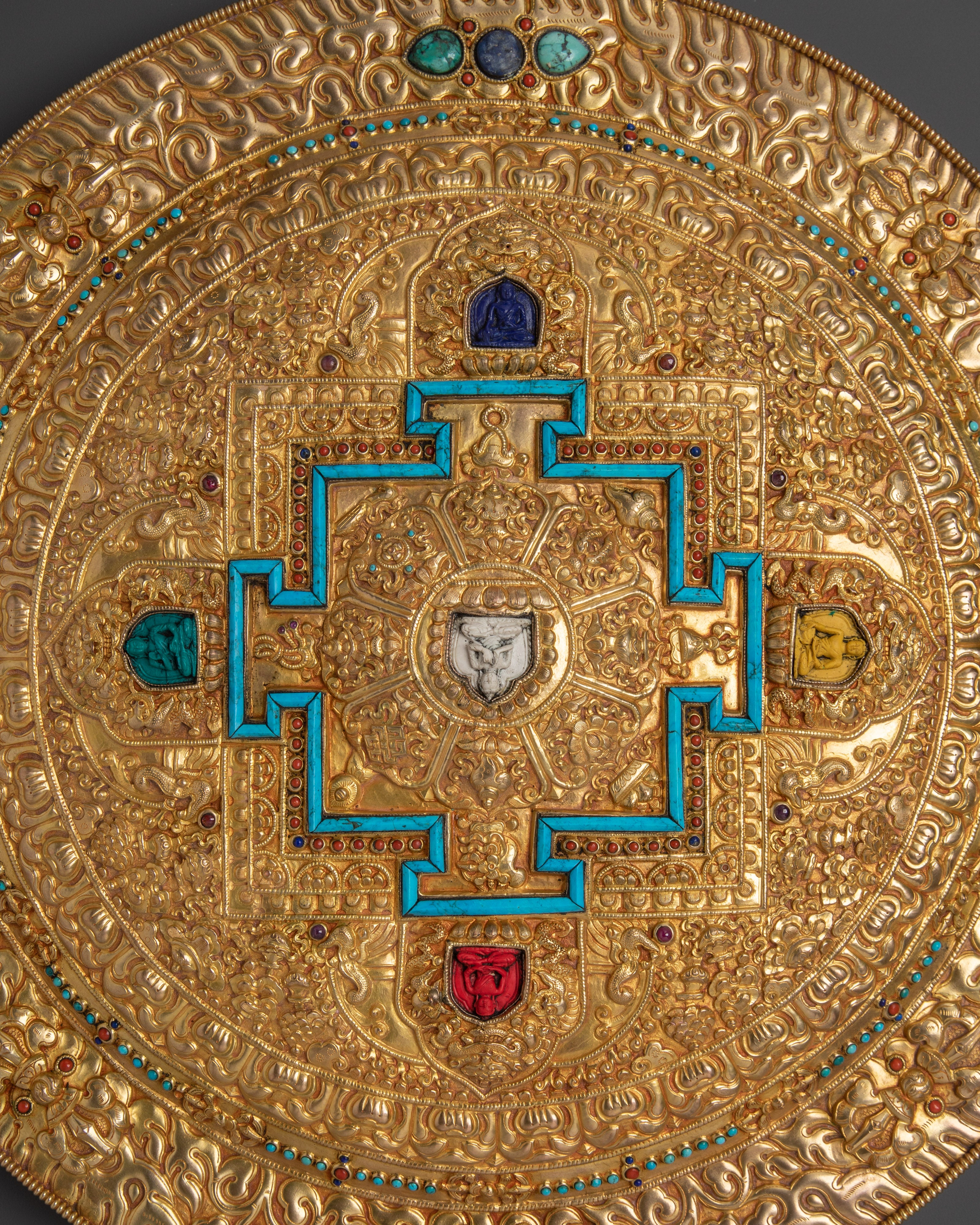 Pancha Buddha Mandala Wall Art with Turquoise | Mandala Wall Hanging