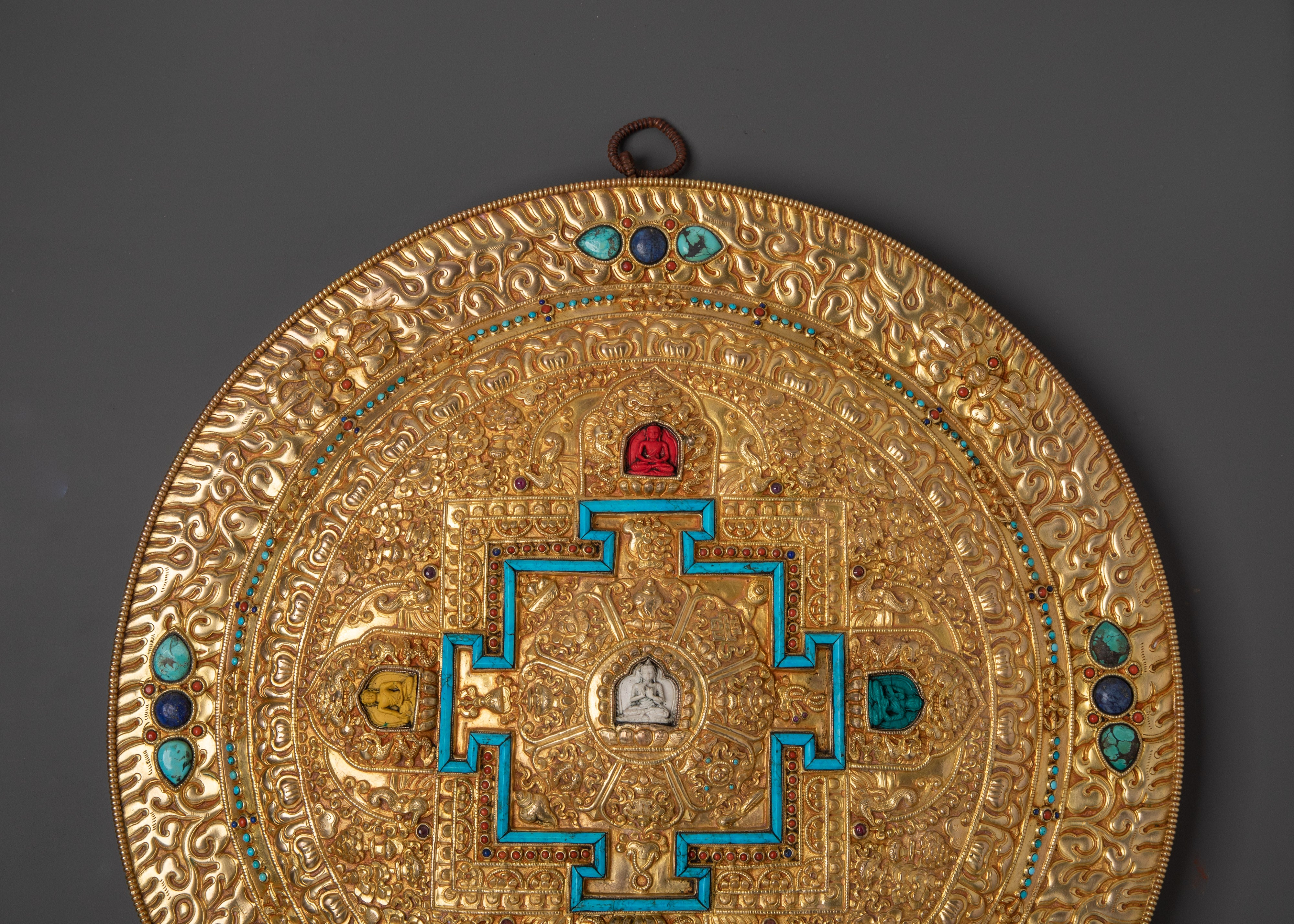 Pancha Buddha Mandala Wall Art with Turquoise | Mandala Wall Hanging