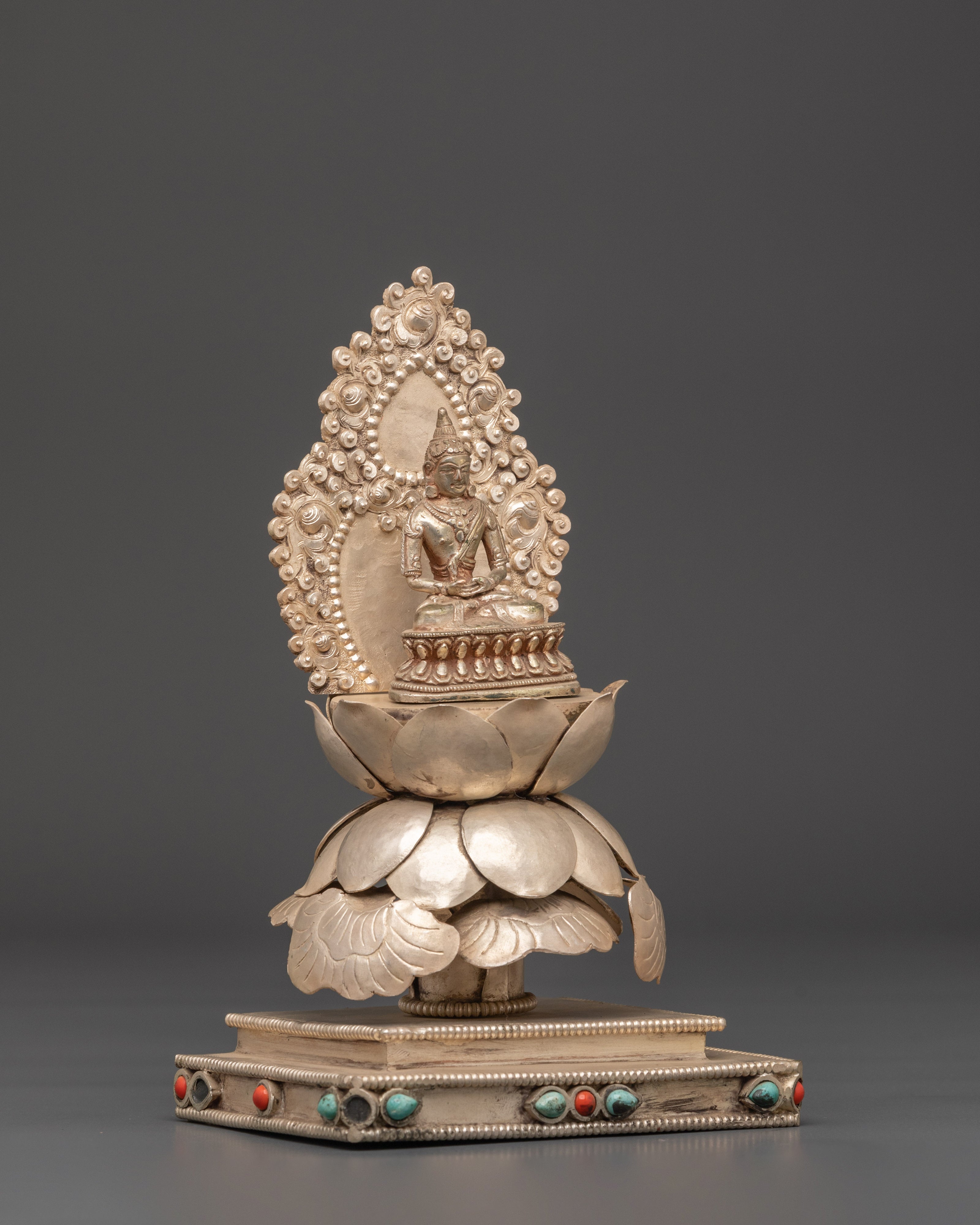 Sacred Pure Land Amitabha Buddha Statue | Silver Plated Buddhist Sculpture