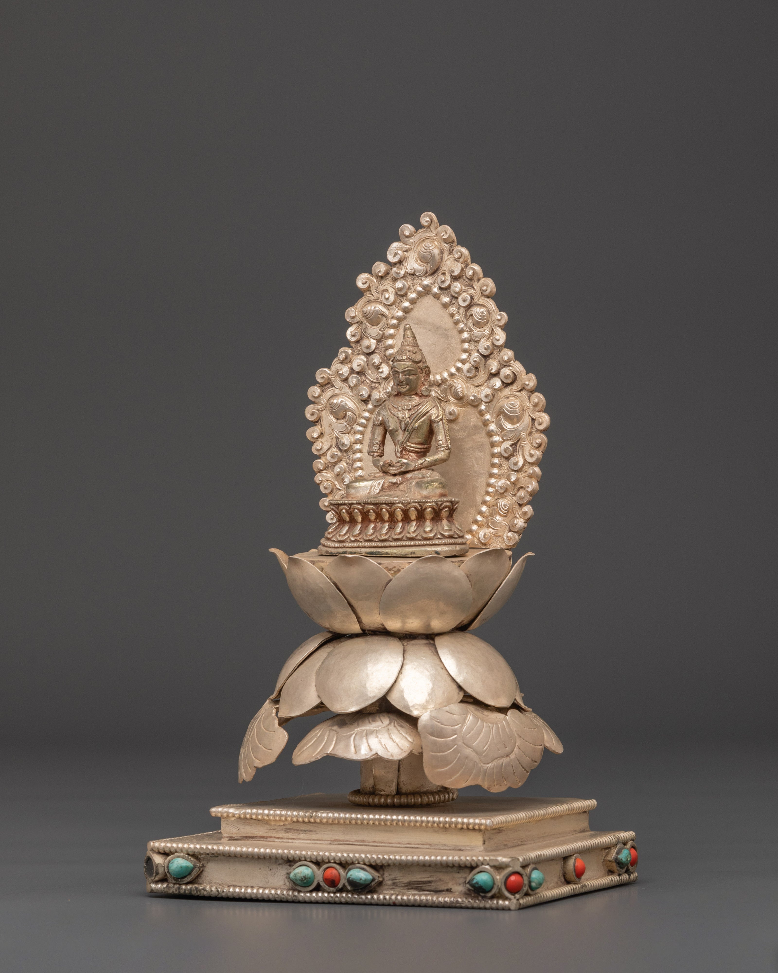 Sacred Pure Land Amitabha Buddha Statue | Silver Plated Buddhist Sculpture