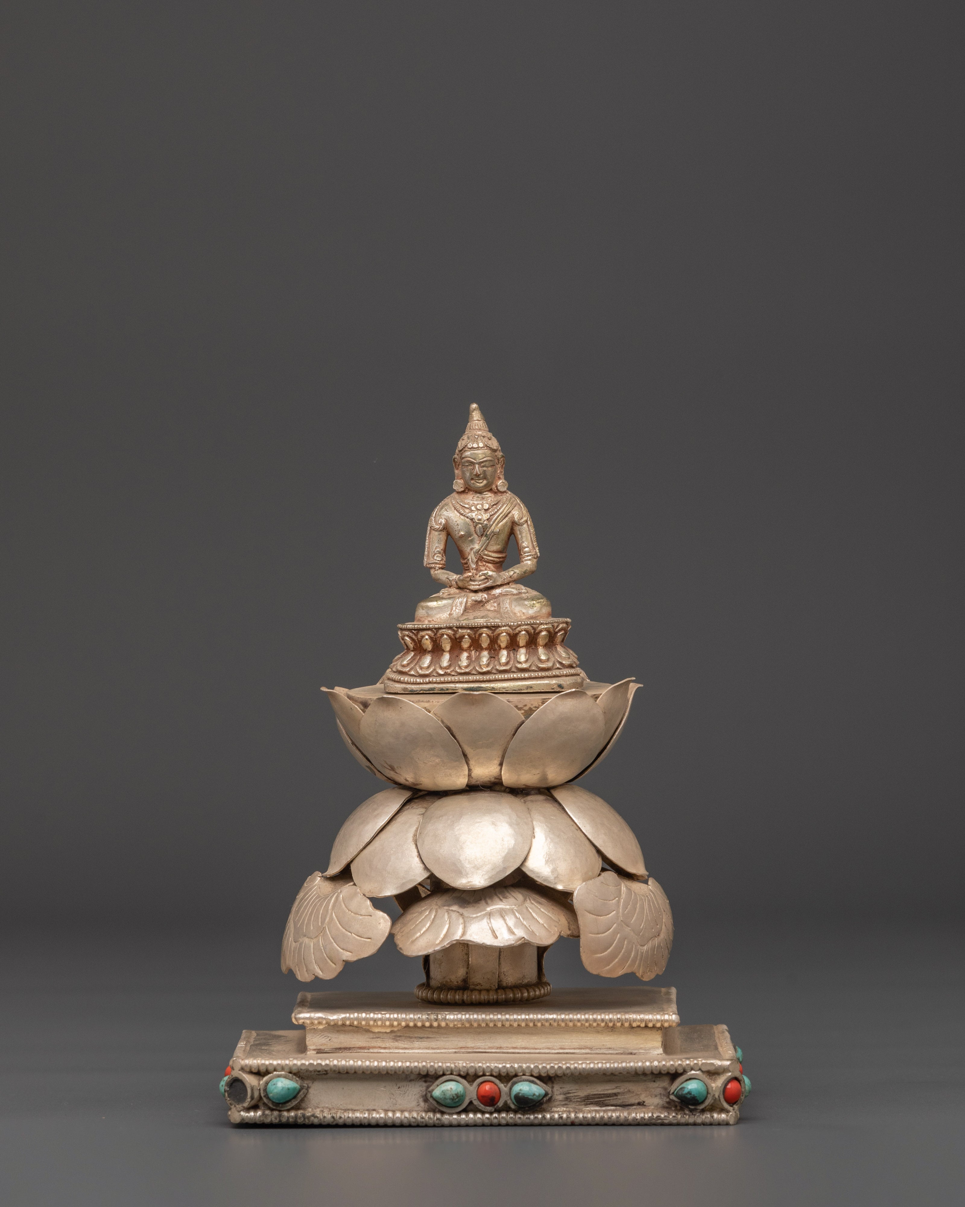 Sacred Pure Land Amitabha Buddha Statue | Silver Plated Buddhist Sculpture