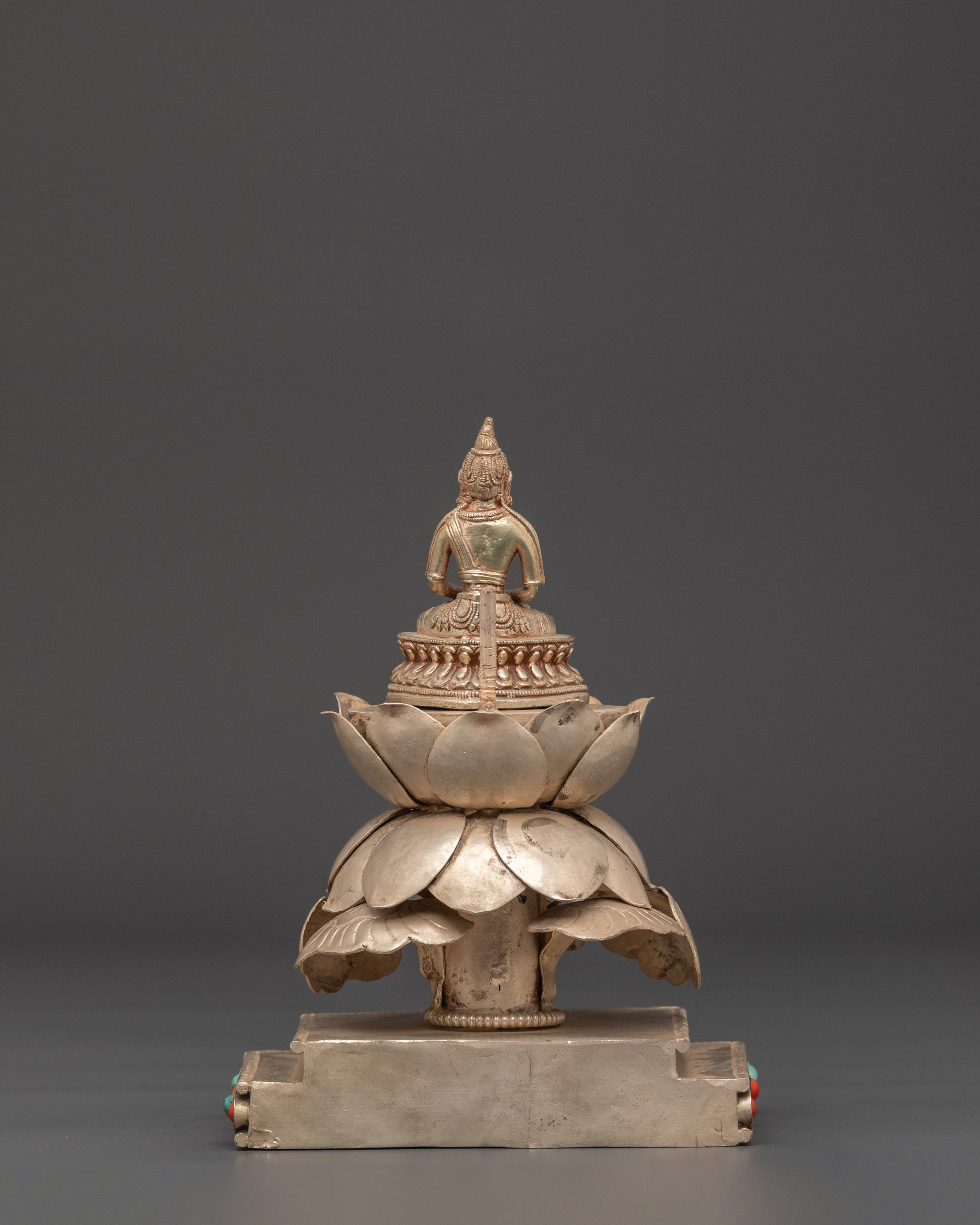 Sacred Pure Land Amitabha Buddha Statue | Silver Plated Buddhist Sculpture