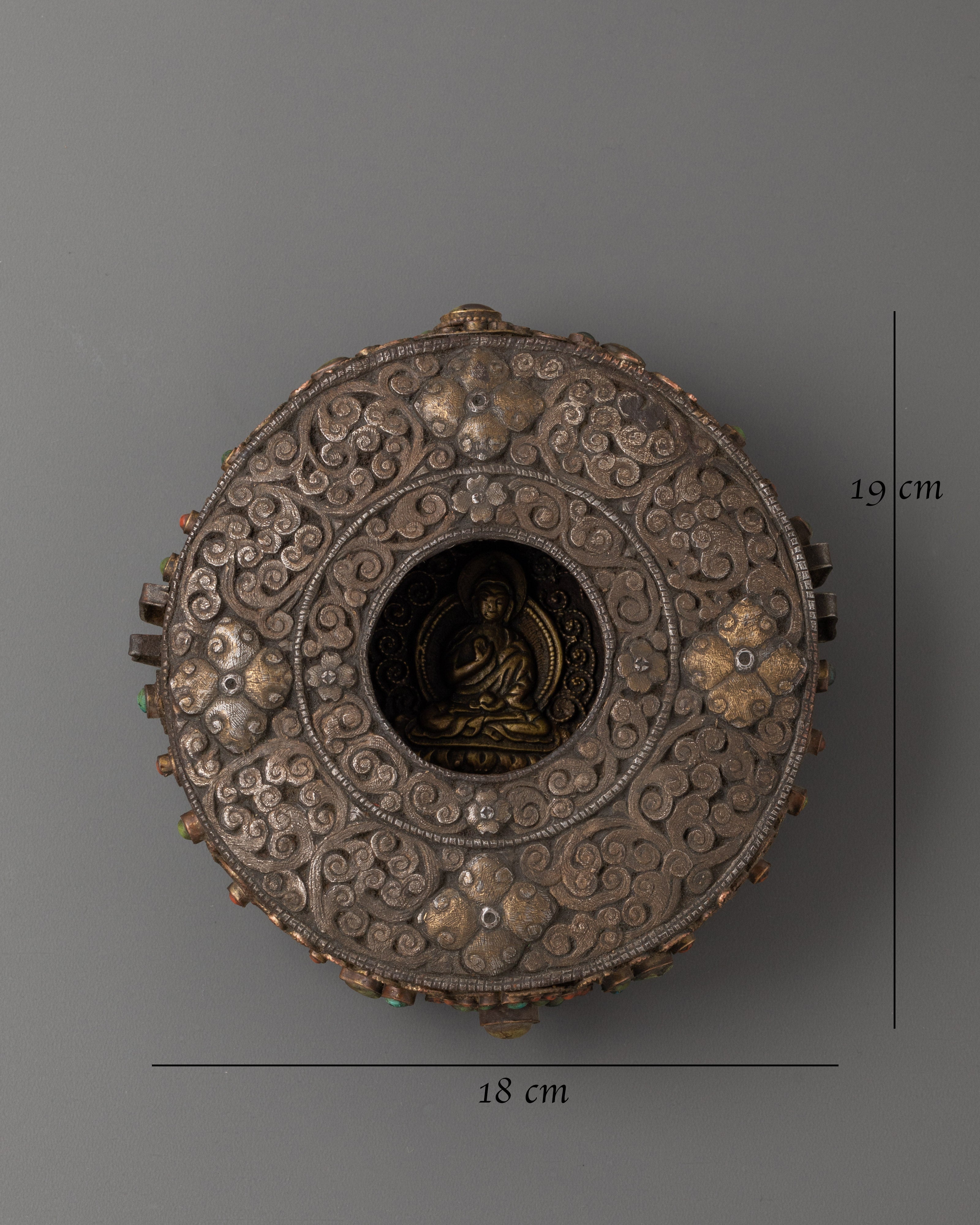 Spiritual Amoghasiddhi Buddha Box | Tibetan Iron Silver Brass Inlaid Ghau