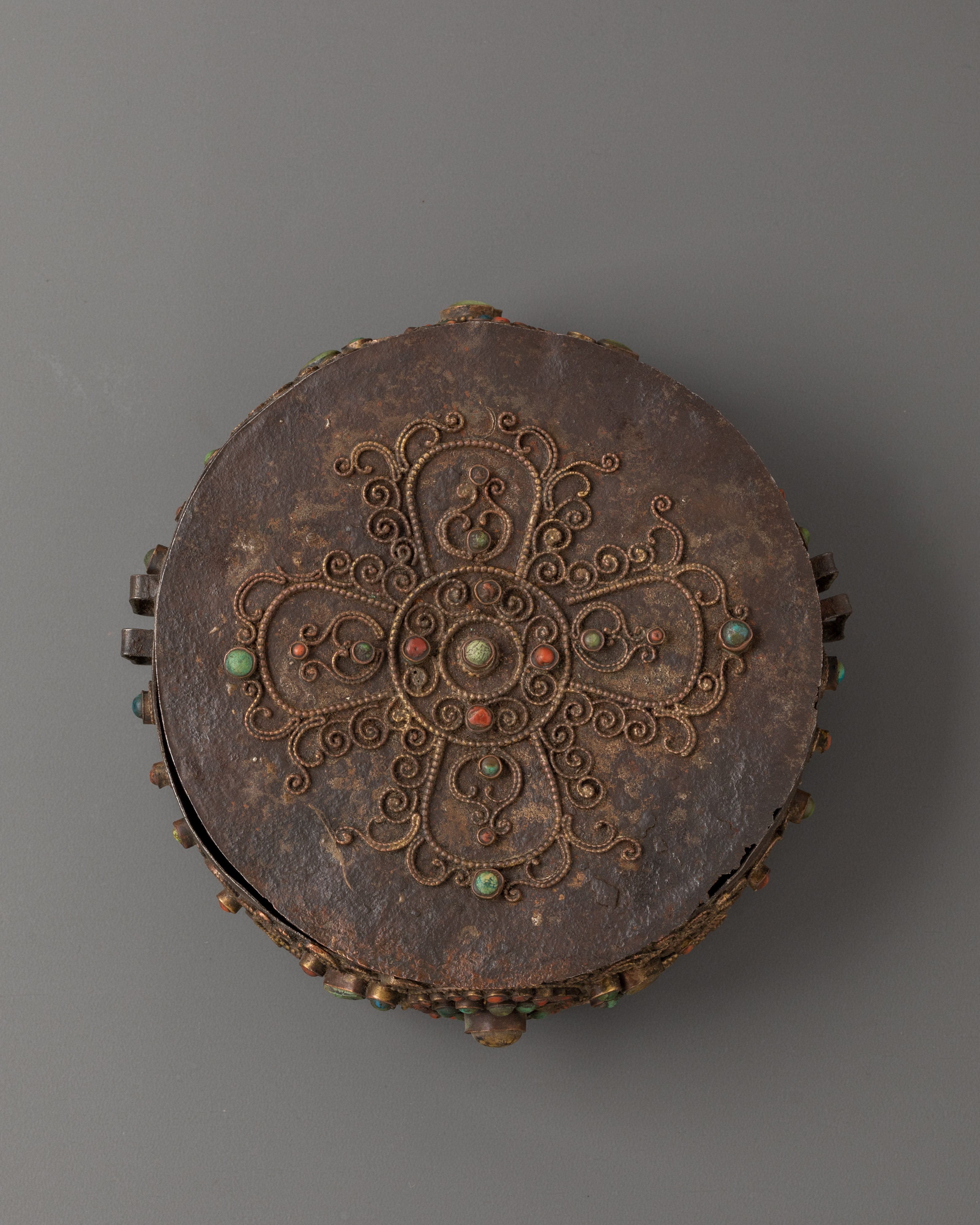 Spiritual Amoghasiddhi Buddha Box | Tibetan Iron Silver Brass Inlaid Ghau