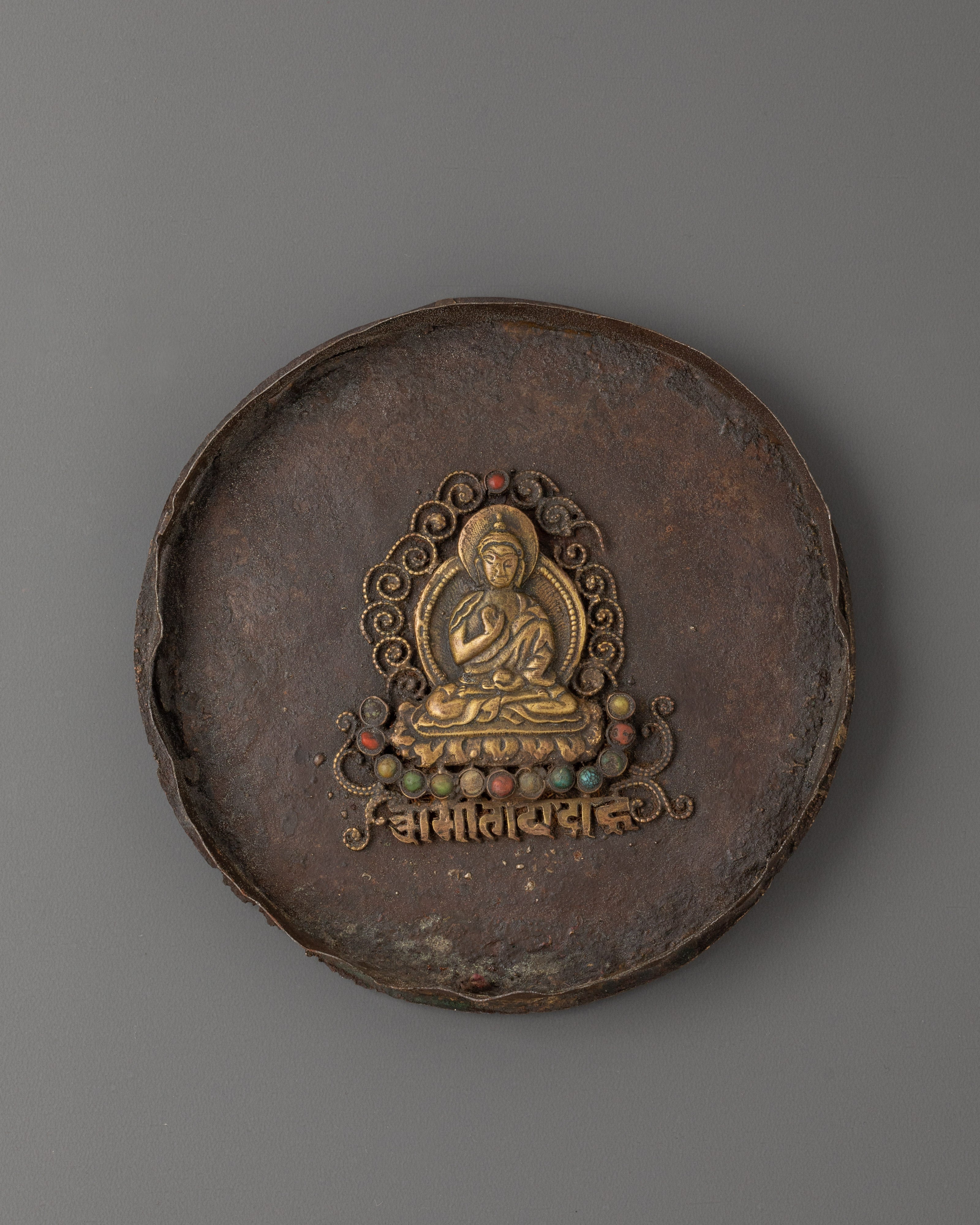 Spiritual Amoghasiddhi Buddha Box | Tibetan Iron Silver Brass Inlaid Ghau