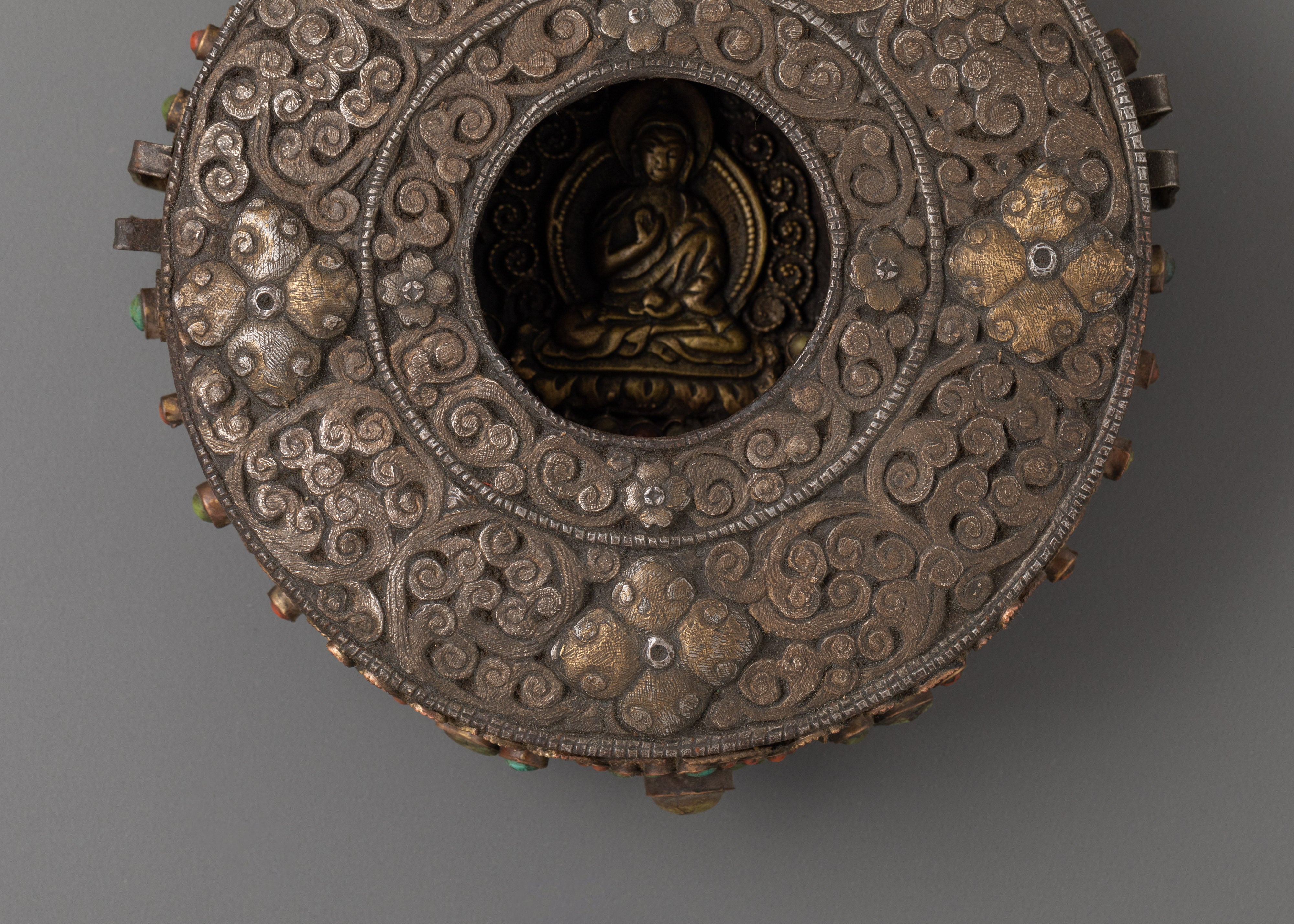 Spiritual Amoghasiddhi Buddha Box | Tibetan Iron Silver Brass Inlaid Ghau
