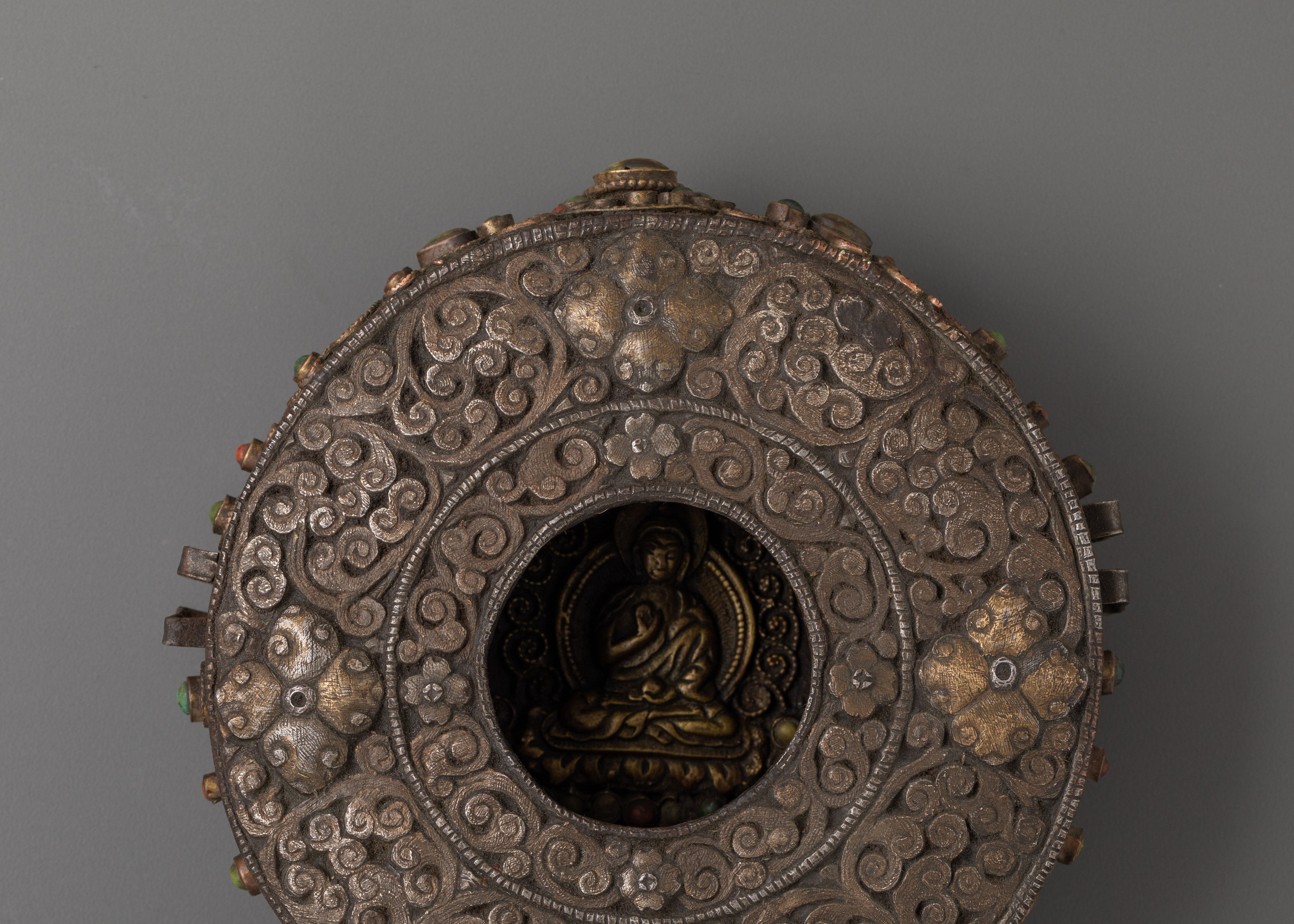 Spiritual Amoghasiddhi Buddha Box | Tibetan Iron Silver Brass Inlaid Ghau