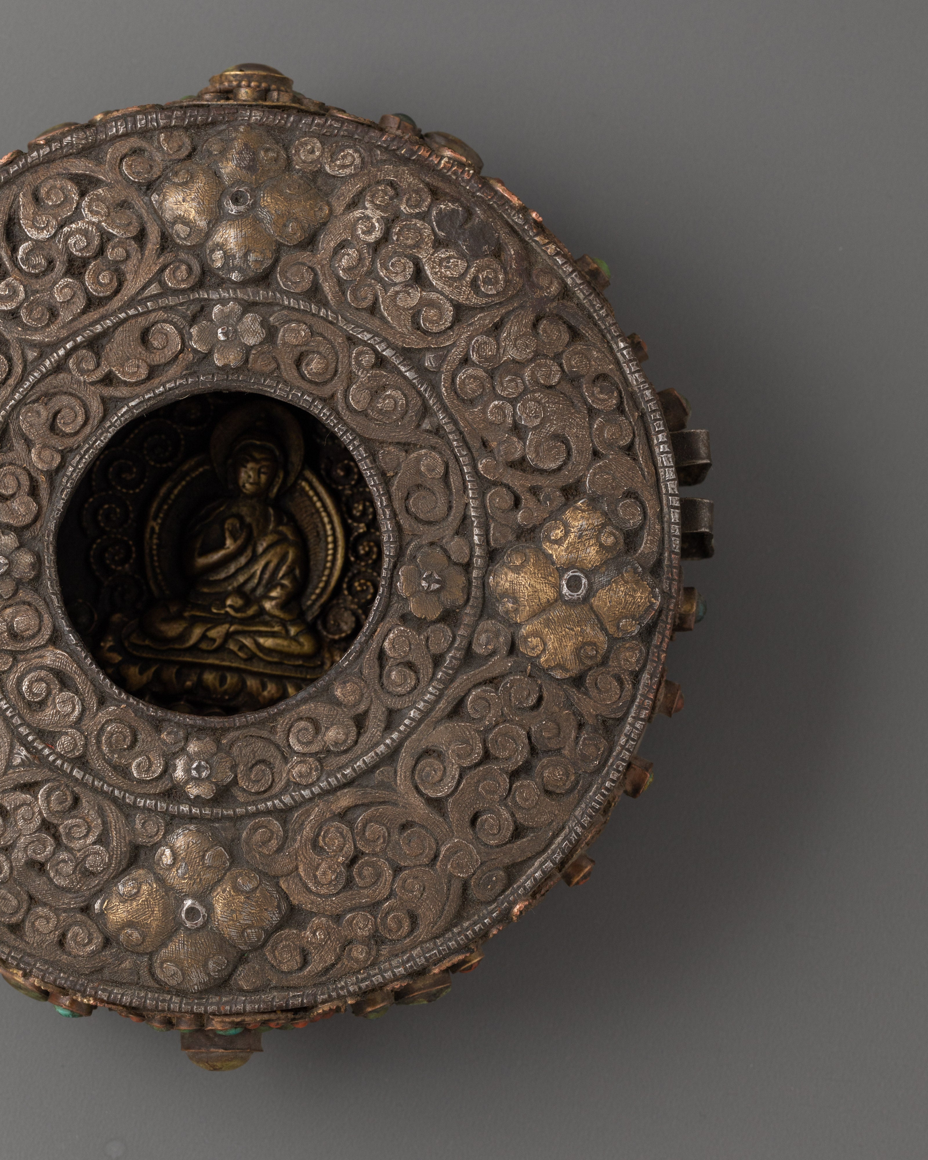 Spiritual Amoghasiddhi Buddha Box | Tibetan Iron Silver Brass Inlaid Ghau